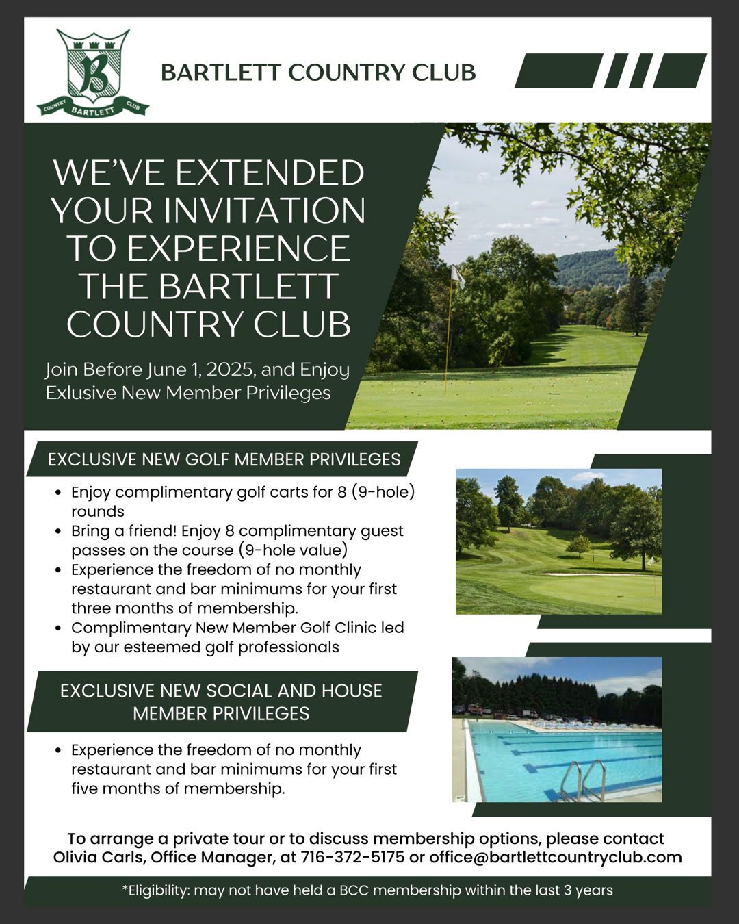 The opportunity to join our community with exclusive new member benefits has been extended through June 1st. ☀️ Picture this: sun-drenched afternoons by the pool🏊 , invigorating rounds of golf⛳ , and enchanting summer nights shared over dinner on the patio🌅 . Discover the many ways to savor the season with your membership, whether you're on the course, relaxing poolside, or enjoying our exquisite Friday night dining. Your membership unlocks a world of possibilities, join us today!