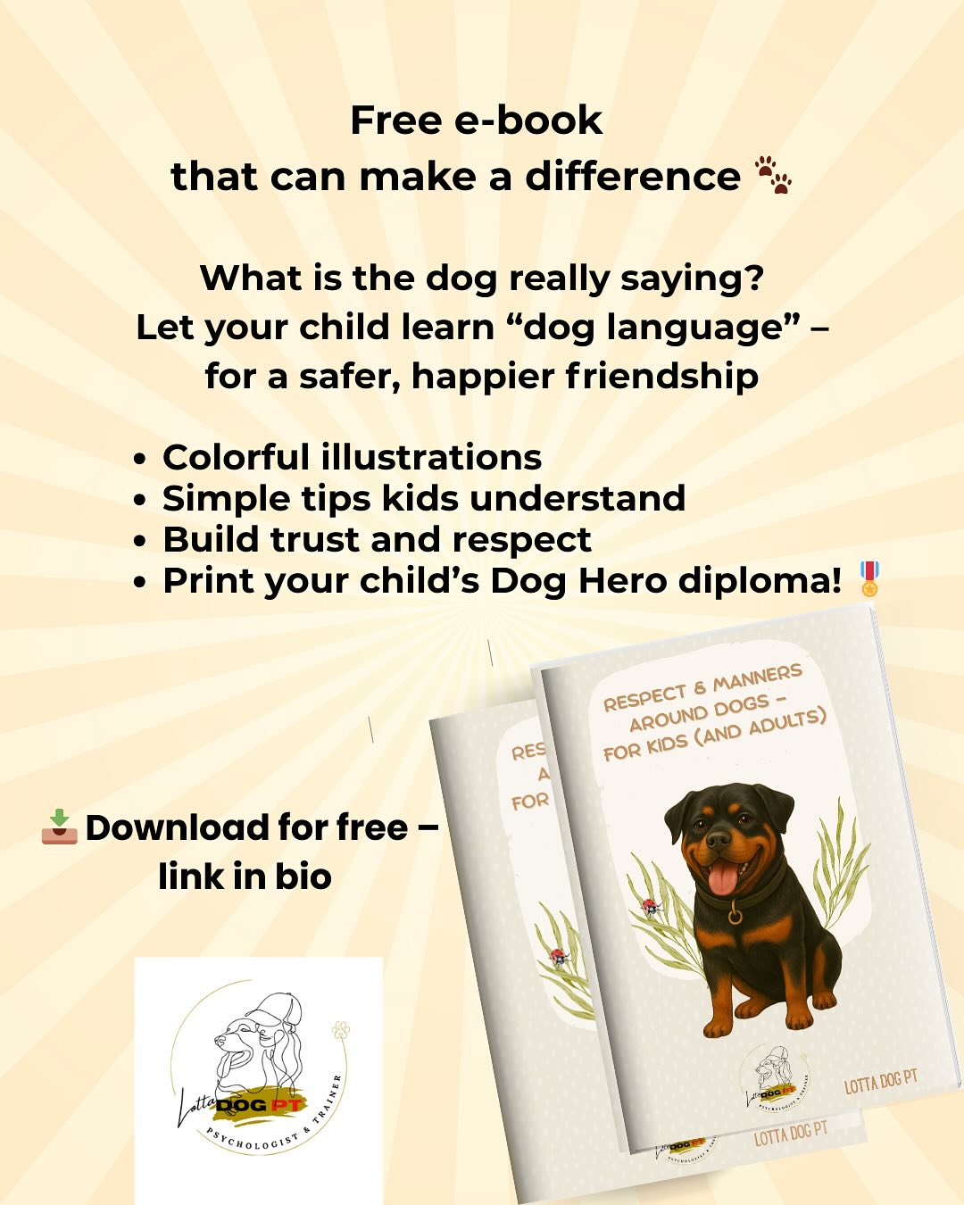 Free e-book that can make a difference🐾
Did you know that many dogs feel uncomfortable when someone runs straight toward them or leans over to give them a hug?
Kids mean no harm – sometimes they just don’t know how dogs communicate.
That’s why I, together with my dog Ecco, created a free e-book that teaches children to better understand a dog’s body language and become confident, respectful Dog Heroes!
📘 Dog Manners & Respect – for Kids (and Grown-ups) is perfect for families, grandparents, or teachers with kids in all ages.
It’s filled with illustrations, practical tips – and ends with a printable diploma! 🎖️
In this e-book, you’ll get:
✅ Fun and simple tips about how dogs ”speak”
✅ Guidance for building a safer, more respectful bond between kids and dogs
✅ A diploma to print when all chapters are complete!
💬 Do your kids spend time around dogs? I’d love to hear your experience – feel free to comment!
👉 Download the book for free – link in bio!
#dogtraining #dogsandkids #dogfriends #doglife #freeebookdownload #freeebook #rottweilerdog #dogeducation