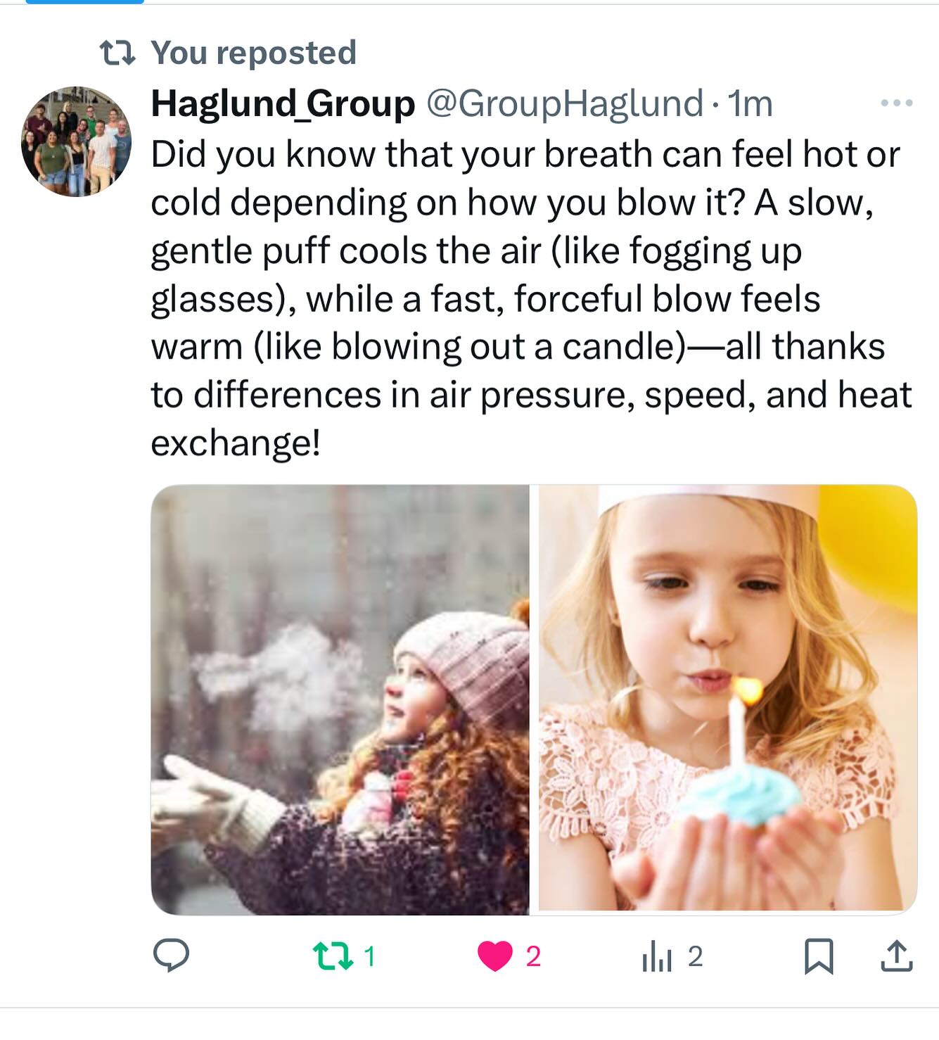 Did you know that the same breath from your mouth can feel hot or cold depending on how you blow it? A slow, gentle puff cools the air (like fogging up glasses), while a fast, forceful blow feels warm (like blowing out a candle)—all thanks to differences in air pressure, speed, and heat exchange!
.
.
.
#breath #funfacts #funfactfriday #funfact #scientificfacts #hawaii #universityofhawaiiatmanoa #uhm #universityofhawaiia #uh #science #DNA #chromosomes #researchgroup #haglundgroup #drhaglund