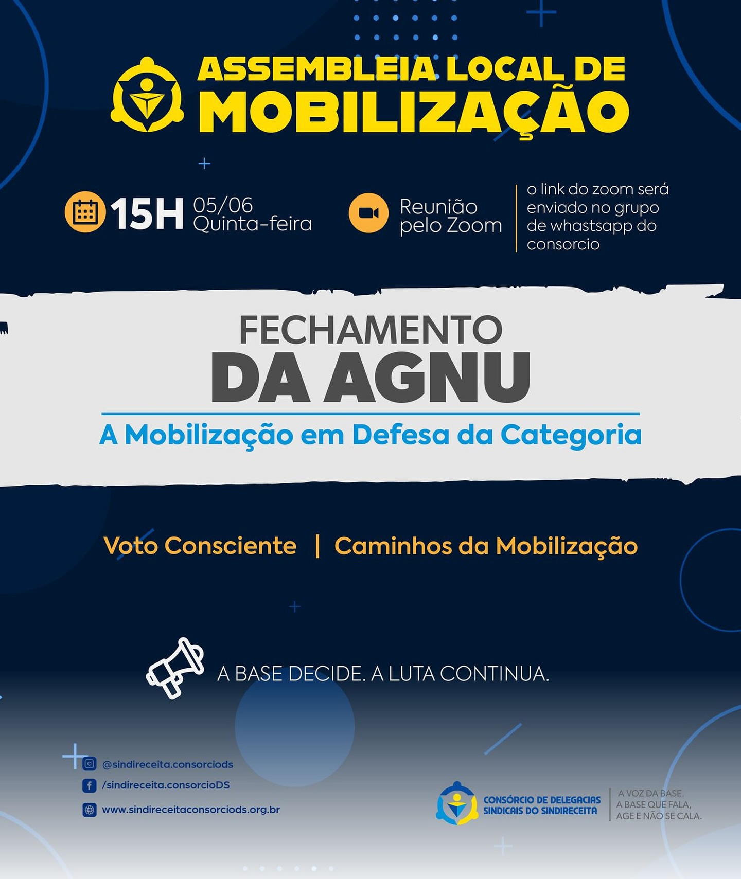 📢 Assembleia Local de Mobilização – 05/06, às 15h
Chegou a hora de avaliarmos, juntos, o fechamento da AGNU.
O que está em jogo é muito mais que um indicativo: é a força da nossa mobilização e o futuro da nossa carreira.
🗓 Quinta-feira, 05 de junho
🕒 Às 15h
💻 Reunião pelo Zoom (link será enviado no grupo do Consórcio)
Na pauta:
✅ Voto Consciente
✅ Caminhos da Mobilização
✅ Unidade da base em defesa da categoria
A mobilização não termina na AGNU.
A base decide. A luta continua. ✊
📲 Participe, convide colegas, fortaleça sua DS!
Somos muitos. E estamos só começando.
#sindireceita #analistastributários #receitafederal