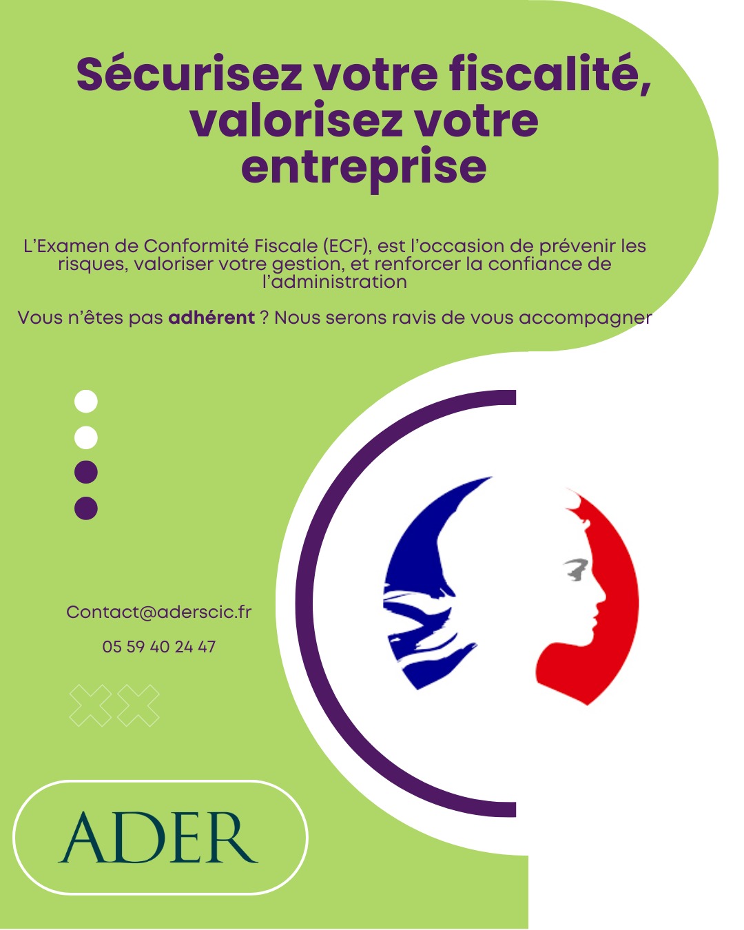 🎯 L’ADER propose l’Examen de Conformité Fiscale (ECF)
Vous êtes chef d’entreprise, agriculteur ou indépendant ?
Et si vous pouviez sécuriser votre fiscalité avant tout contrôle, avec un document officiel reconnu par l’administration ?
L’ADER vous accompagne dans cette démarche préventive :
Revue de 10 points fiscaux
Analyse rapide, sans perturbation de vos équipes
Rapport officiel à présenter en cas de contrôle
Que vous soyez client ou non en comptabilité, l’ECF est ouvert à tous.
Contactez-nous : 05 59 40 24 47
Par mail : contact@aderscic.fr
Adhérents ? Parlez-en directement à votre conseiller ou consultant.
