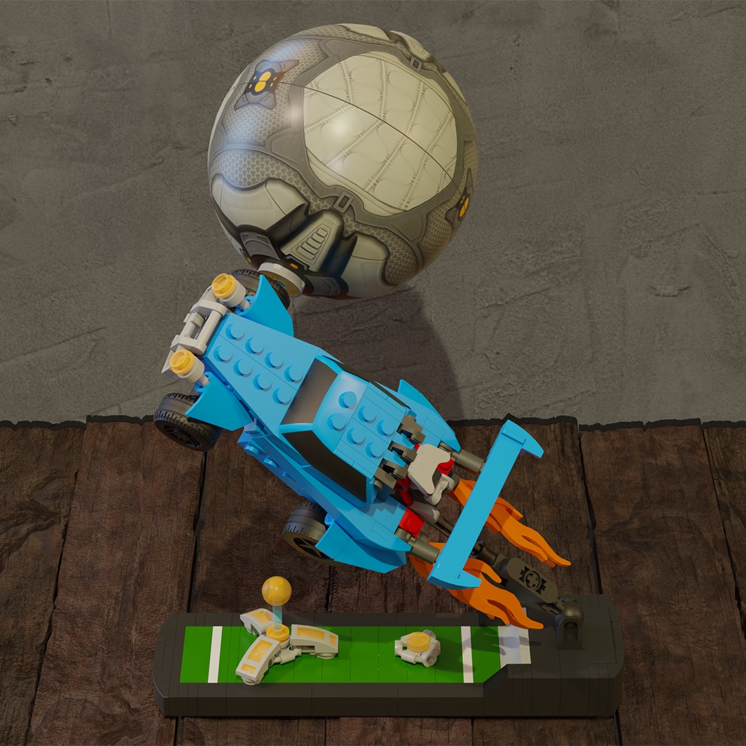 The Octane is not only the first car you will ever drive in Rocket League but is probably also the best! It is used by 70% of professional players, so if you have trouble hitting the ball when you start playing, you can only blame yourself. And I blame myself for missing the ball completely A LOT.
I decided to build a LEGO set based on my experience playing Rocket League. Specifically, the frequent scenario during which I confidently with a full boast soar through the air, only to completely miss the ball.
This Lego set is really tiny, or as I like to call it "desk-shaped", to accompany you during your gaming sessions. The car is only 8 studs wide and 14 studs long, but I tried to make it as close to the original as possible! With only 228 pieces it will be an irresistible impulse-buy for any fan of the game, creating new LEGO fans! Of these pieces, the windows and ball will need to receive stickers or preferably prints.
