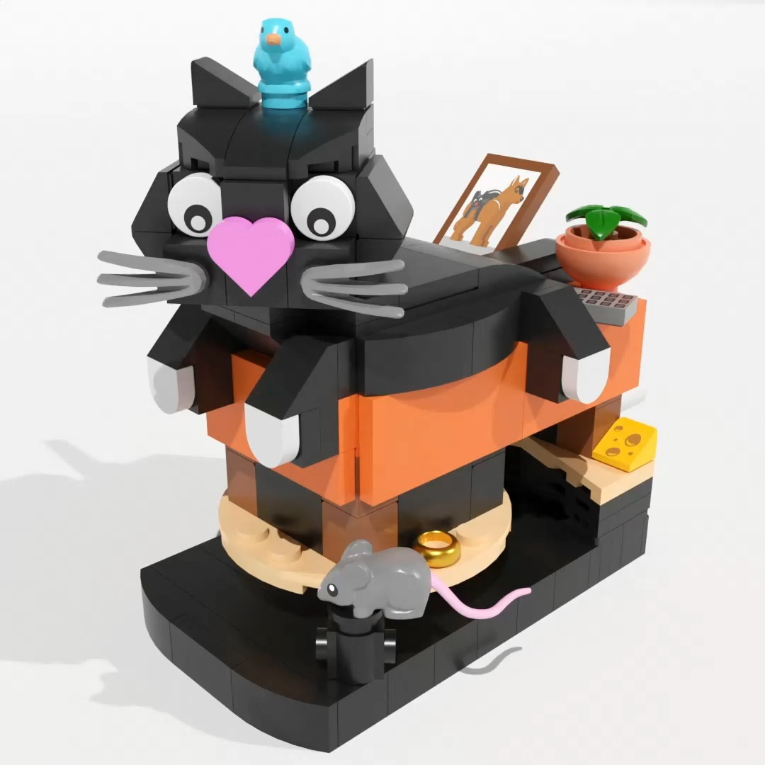 Meet Hairball, the chillest cat you'll ever encounter! He peacefully coexists with all creatures, but his best friends are "Squeak" the Mouse, "Hophip" the bird, and "Floof" the dog.
Spin Hairball's tail, and watch Squeak run in circles on the floor and underneath the table where Hairball is lounging. Hairball's head will also move, trying to keep track of the speedy mouse. Hophip likes to sit on Hairball's head while all this takes place because it gives her the best view of the room.
The table where Hairball relaxes is adorned with objects that a less friendly cat would have already thrown on the floor—like a picture frame, a potted plant, and a remote control. In the picture, you can see Hairball hanging out with Floof.
Hairball is the purr-fect companion for any LEGO enthusiast! Older builders will enjoy the building experience because of the simple but satisfying mechanisms, while younger builders will adore Hairball's friendly demeanor!