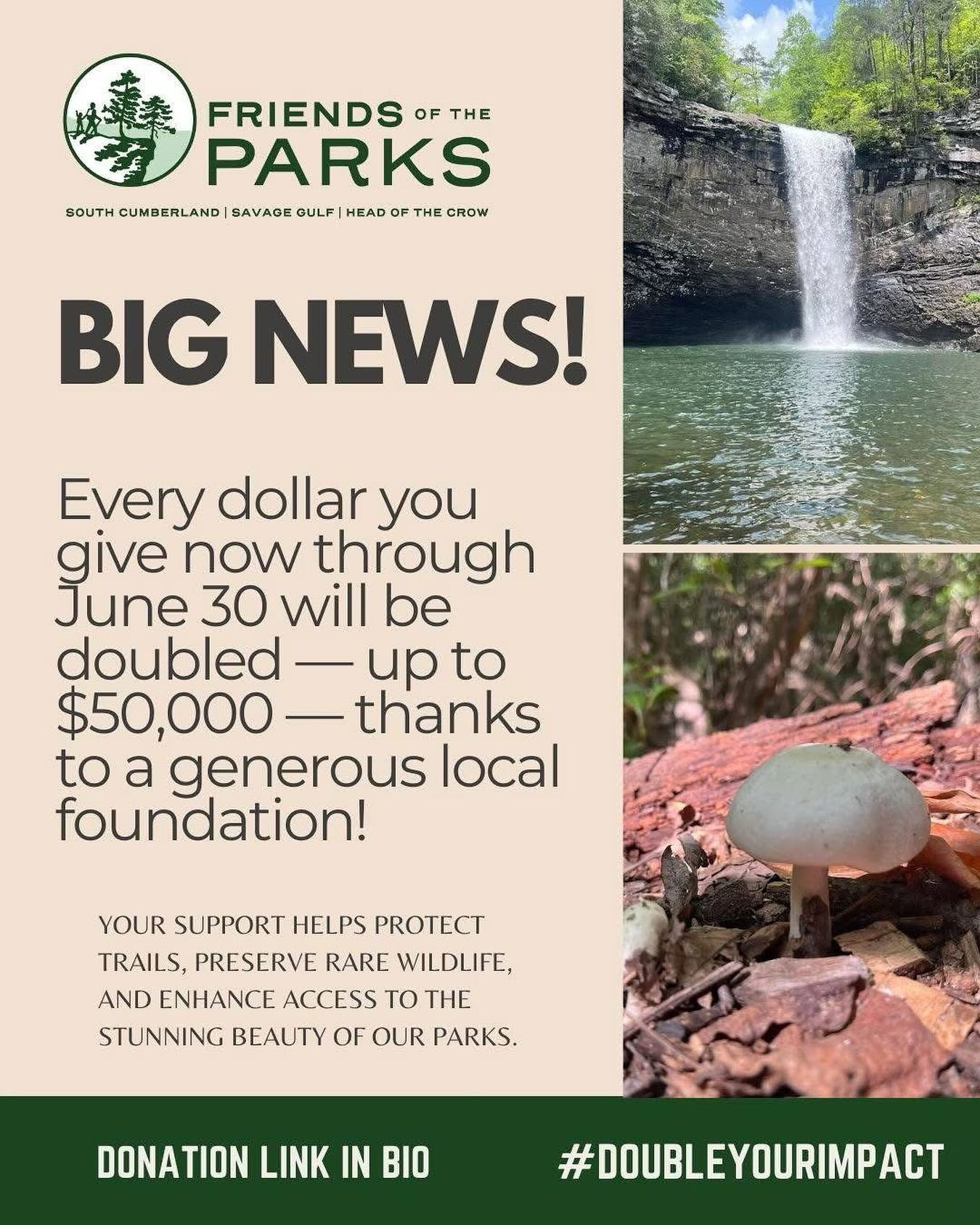 BIG NEWS! 🌟
Your gift now goes twice as far—from today through June 30th!
Thanks to a generous foundation, all donations will be matched dollar for dollar up to $50,000.
Help us protect the trails you love, the wildlife you cherish, and the places that matter most.
Give today and double your impact!
DONATION LINK IN BIO
#DoubleYourImpact #MySouthCumberland #friendsoftheparks