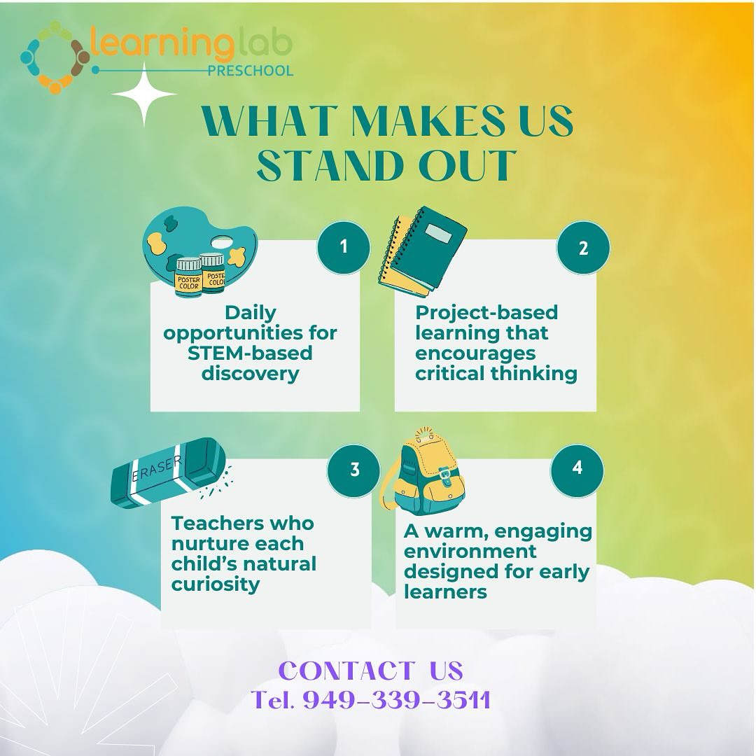 At Learning Lab Preschool, every day is an adventure in learning! From exciting STEM discoveries to project-based activities that inspire critical thinking, we nurture your child’s natural curiosity in a caring and engaging environment. 💡✨
Ready to give your little one a joyful start?
📞 Call us at 949-339-3511 to learn more!
#PreschoolPlay #LearningThroughPlay #STEMStart #EarlyLearners #ShapeSorting #BlockFun #LittleBuilders #PreschoolAdventures #HandsOnLearning #CuriousMinds #earlylearning #Learninglab #LittleLearners #PreschoolInCalifornia #FutureLeaders