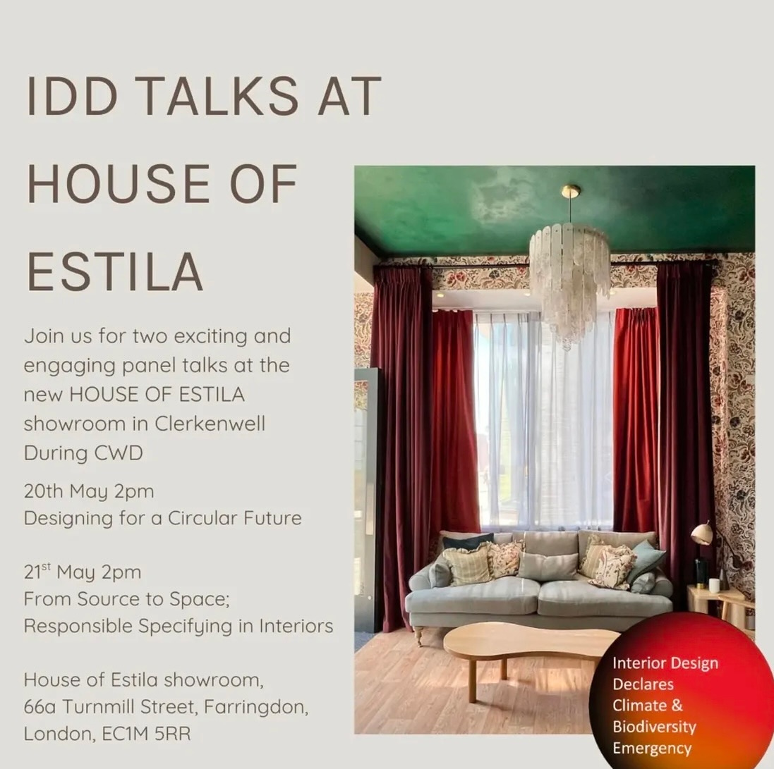 Today 2pm as part of @clerkenwelldesignweek I’ll be joining a panel discussion on Designing for a Circular Future, hosted by @studio.estela at 66a Turnmill Street Farringdon EC1M 5RR and talking alongside @interiordesigndeclares