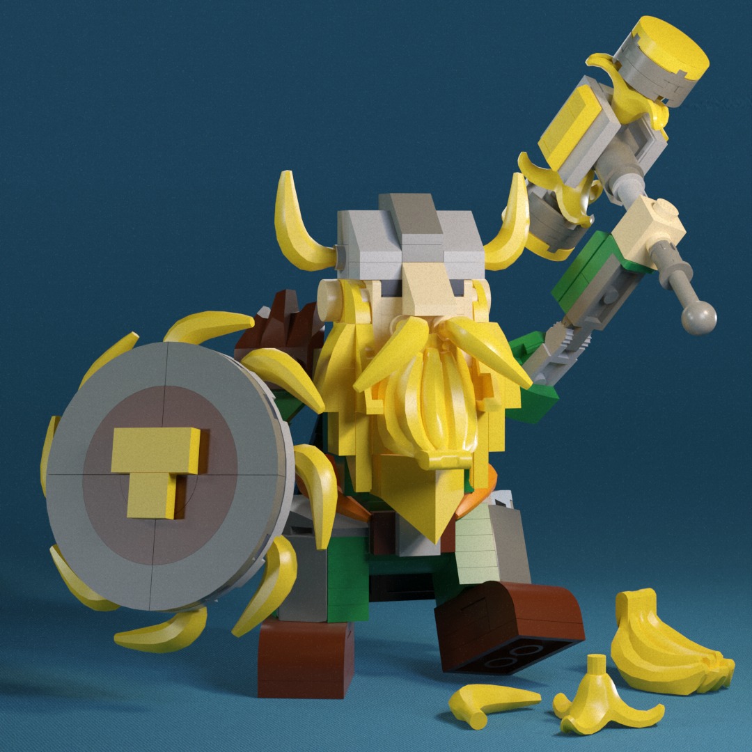 “Barf the Banana Dwarf” is the winner of New Elementary’s “Mind that Banana” contest. The challenge was to create a LEGO set that creatively showcases the use of banana elements in new and interesting ways, using only existing LEGO bricks.
Currently, there are three different LEGO banana pieces. The regular banana piece was used to create the dwarf's horns, mustache, belt, and shield. The banana peel was used to create the hammer, and lastly, the cluster of bananas was used to create the beard.
To showcase the elements, I wanted to work at the smallest scale possible, because the fewer pieces that are being used, the more focus is drawn to the pieces that are. The most complex piece was the cluster of bananas, which is why it was the piece I decided to start with. After trying some configurations of the piece together with other pieces to support it, I stumbled upon the beard that could be made together with the regular bananas. The only problem was that the mustache made with the bananas was comically out of proportion compared to the beard, so I decided to increase the volume of the beard until the proportions looked right. From this point, I had limited options to create the face, which led to me finding a solution where the nose (element 28192) sits on a jumper plate, surrounded by the rest of the helmet. In combination with brackets on the side, this led to eyes that are half a stud wide, which is far more detail than you can normally get at this scale.