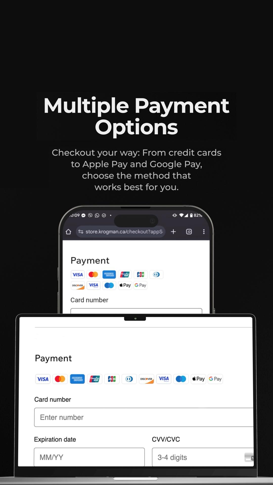 Multiple payment options? Yes!
Checkout your way: From credit cards to Apple Pay and Google Pay, choose the best method for you.
The new Krogman Online Store in Canada 🇨🇦
Buy online at store.krogman.ca
#KrogmanStore #Krogman #Canada #StainlessSteel #OnlineShopping #MultiplePaymentOptions #ApplePay #GooglePay