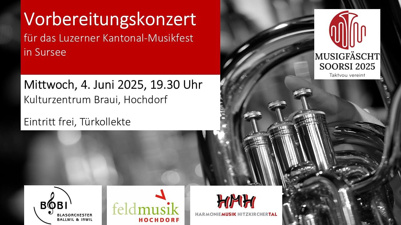 Am 4. Juni 2025 findet unser Vorbereitungskonzert für das Musikfest @soorsi2025 statt. Zusammen mit der Feldmusik Hochdorf und dem Blasorchester Ballwil & Inwil präsentieren wir jeweils unser Aufgaben- und Selbstwahlstück. 🎶
Wir freuen uns auf deinen Besuch! ☺️
#hmh #harmoniemusikhitzkirchertal #vorbereitungskonzert #musikfest #soorsi2025