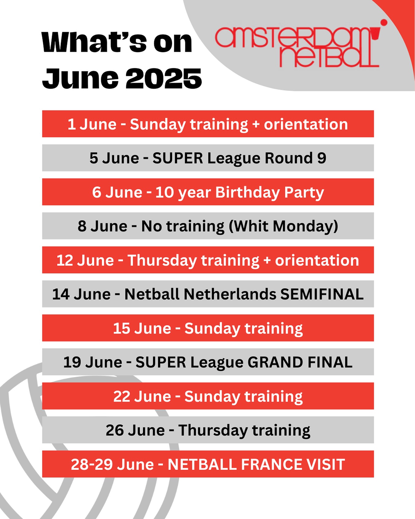 Does anyone else feel like summer is fast approaching?!?! ☀️ Before we get there ANC has a very busy June! Check out all our events, including @netballnetherlands semifinals and a visit from @netballfrance 🇳🇱x🇫🇷 We’re also got our BIRTHDAY PARTY 🥳 Can you believe we are turning 10?! Who’s coming to our bday bash on 6 June? Buy your tickets on the website or in the app!