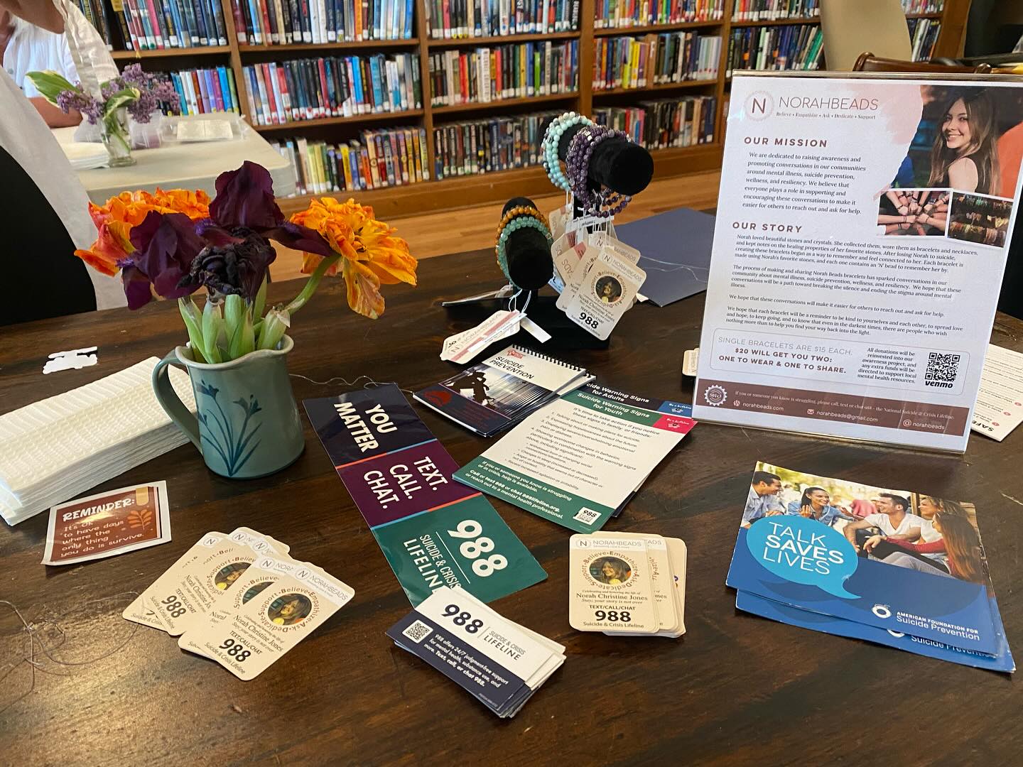 Rainy days in May are great for cozy community gatherings to make NorahBeads bracelets and talk about our mental health. Thank you to the Varnum Memorial Library in Jeffersonville, VT, for providing such a welcoming atmosphere and the opportunity to bring community members together to share important topics.