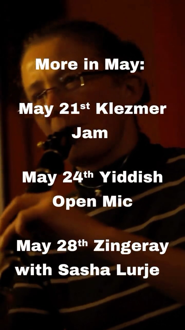 And this is for the rest of May! Join and enjoy:
May 21: Klezmer Session at @oblomov_bar_berlin, starts at 18:30.
May 24: Yiddish Open Mic at DKT-Wasserturm, we begin at 19:30.
May 28: Zingeray with @sashalurje at Galerie Zeit Zone! 19:00.
