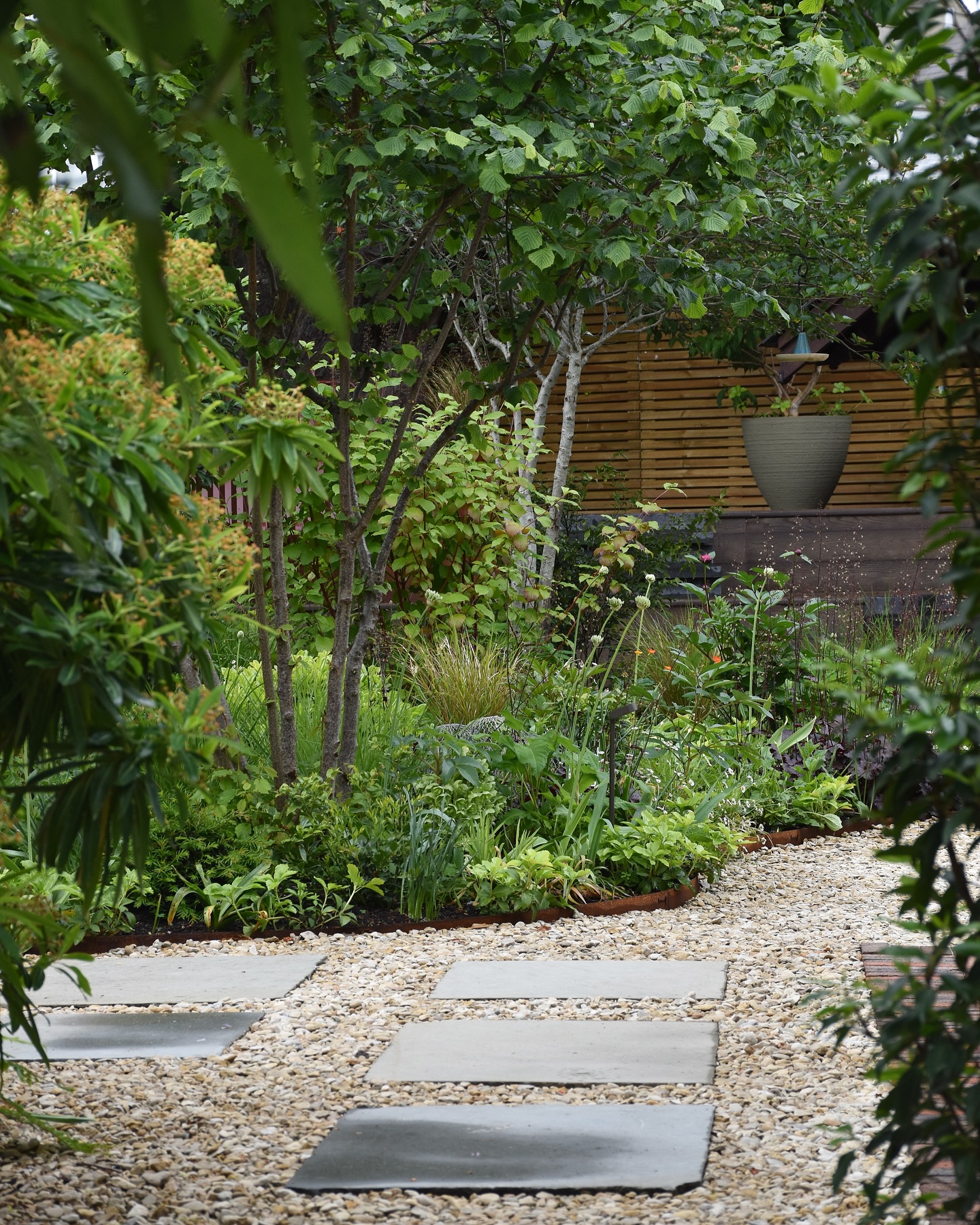 Planting moments from a garden recently completed in Balham.
1. A bumblebee enjoying the Heuchera ‘Plum Pudding’ – always a good sign when the pollinators arrive early.
2. The view from the driveway into the garden, with one of our Torc pots just visible in the distance, planted with a Heptacodium. We reused reclaimed Yorkstone from old paths to create a new one with character and history.
3. A close-up of the soft planting under the multi-stemmed hawthorn – Erigeron and other low-growing favourites adding gentle texture and seasonal interest.
4. Alliums almost ready to put on a show, with layered woodland-style planting and another @torc_pots anchoring the border in the background.
