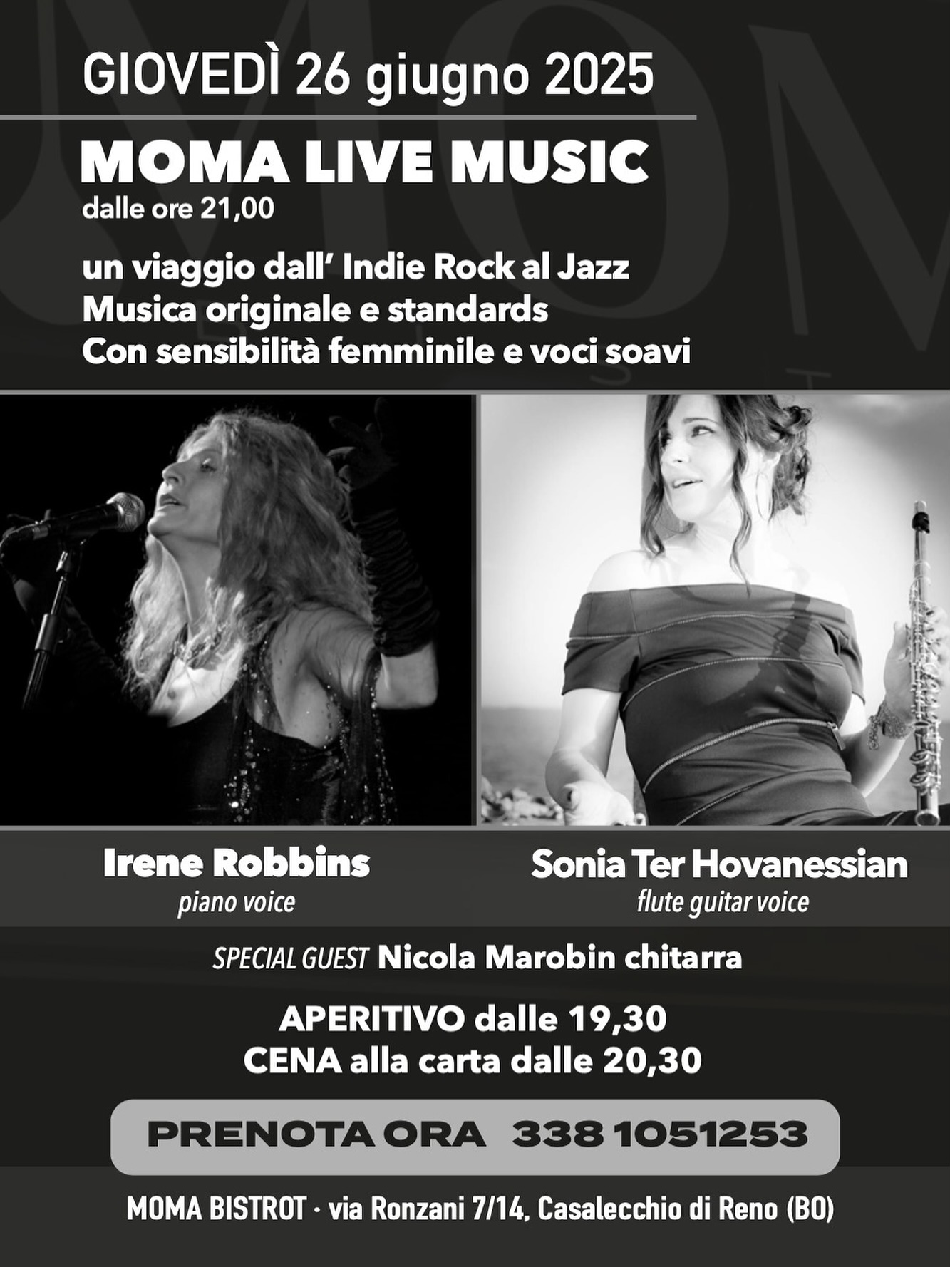 So happy to announce a last-minute gig in Bologna, where I called home for many years. I'll be playing alongside my dear friend, @irenerobbinsofficial at Moma Cafe, just outside Bologna in Casalecchio di Reno. Thursday 26th June from 19.30. Booking is recommended!
We'll be bringing a blend of music from jazz, bossa, rock and original music. Nicola Marobin, special guest on guitar.
