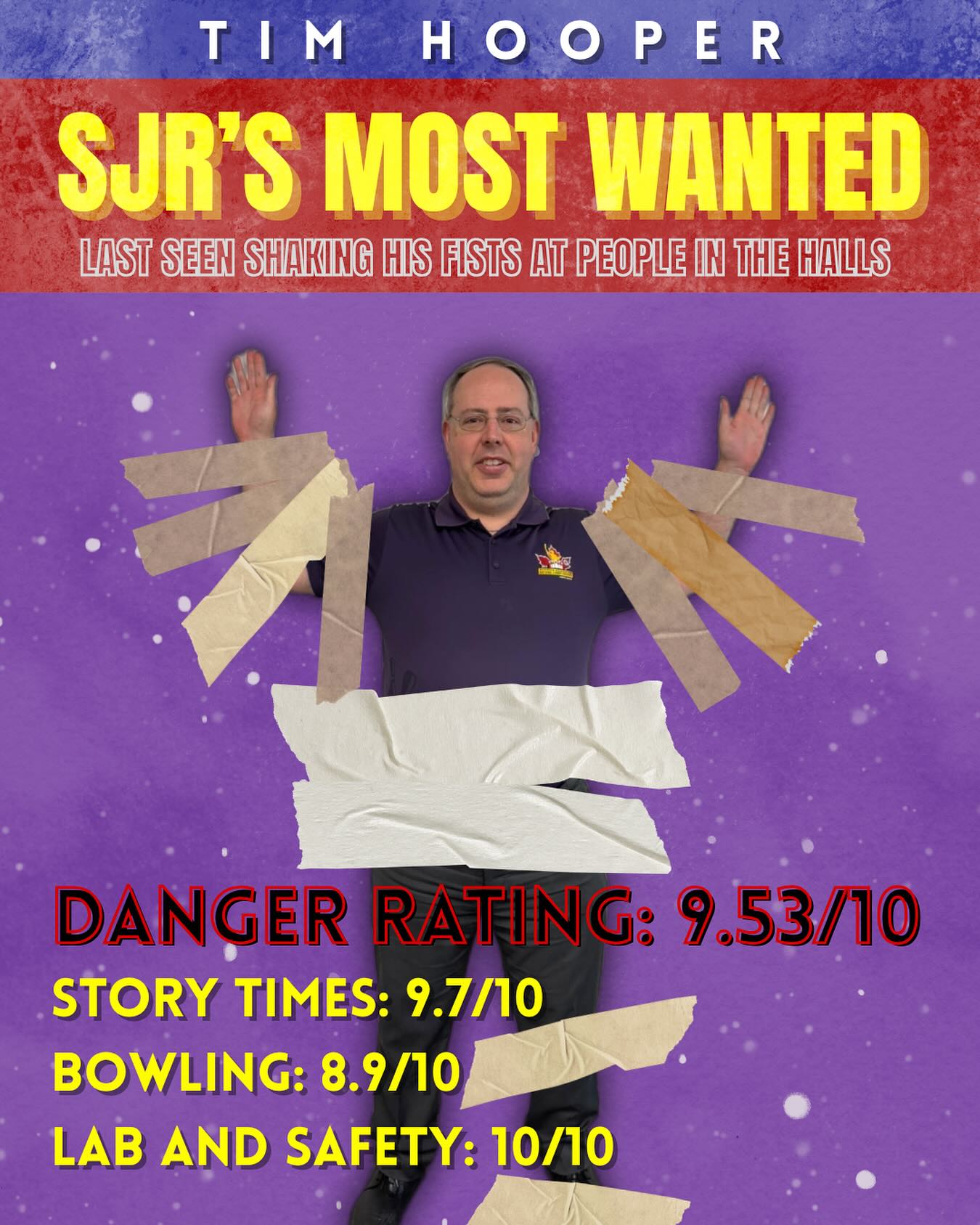 Be honest: it’s May, and we’ve all had enough 😤 with school. Petition with us to replace chem lectures 🧪 with Mr. Hooper’s crazy alumni story times… by taping him to a wall! 💜
**TAPE THE TEACHERS, BRING CASH OR TAP**
🦾 ARMLENGTH LENGTH TAPE: $3
🦅 WINGSPAN LENGTH TAPE: $5