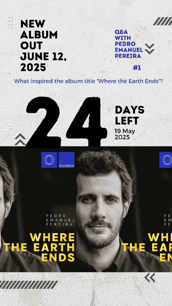 Q&A with Pedro Emanuel Pereira #1
24 days until “Where the Earth Ends”
New album out June 12, 2025, in immersive Dolby Atmos, exclusively on Oclassica.
What inspired the title Where the Earth Ends?
In this first episode, I reflect on the meaning behind the name.
Starting today, I’ll be sharing daily insights about this solo album — from the concept to the recording process and the works included.
If you have any questions, feel free to leave them in the comments — I’ll be answering selected ones in upcoming videos.
Photo & video: @ar.de.mar
Label: @oclassica
Sound Engineer: @heldercosta.hcm
Production: @percos.music
#WhereTheEarthEnds #PedroEmanuelPereira #NewAlbum #DolbyAtmos #SoloPiano #PianistComposer #Oclassica #ModernClassical #ContemporaryClassical #NewMusic2025 #BehindTheAlbum #QandA #DailyCountdown #ClassicalMusicToday