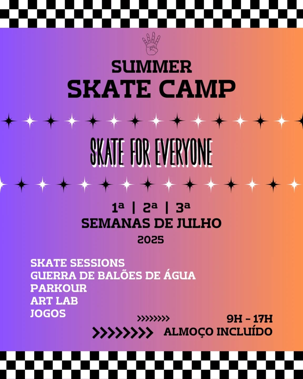 🌞🏄♂️ Venha fazer parte do nosso Summer Skate Camp! 🛹✨
As primeiras três semanas de julho estão reservadas para muita diversão, aventuras e aprendizagem! Com atividades para além do skate, garantimos dias cheios de energia, sorrisos e novas amizades.
O nosso camp inclui seguro, almoços e transportes para que só se preocupe em aproveitar ao máximo. Não perca esta oportunidade de viver momentos inesquecíveis neste verão connosco!
Inscreva-se já e venha fazer parte desta experiência incrível! 🌟🤙
Mais informações:
. Link na Bio - https://forms.gle/PQ5xKvxvByy4k5bG6
. ☎️ +351 911 925 238 (whatsapp / telemóvel)
🇬🇧
🌞🏄♂️ Join our Summer Skate Camp! 🛹✨
The first three weeks of July are reserved for fun, adventure, and learning! With activities beyond just skateboarding, we guarantee days full of energy, smiles, and new friendships.
Our camp includes insurance, lunches, and transportation so you only have to worry about making the most of it. Don’t miss this chance to create unforgettable summer memories with us!
Sign up now and be part of this amazing experience! 🌟🤙
More information:
. Link in Bio - https://forms.gle/PQ5xKvxvByy4k5bG6
. ☎️ +351 911 925 238 (WhatsApp / mobile)
.
.
.
.
.
#SummerSkateCamp #Verão #Skate #Diversão #Aventuras #skatecamp
