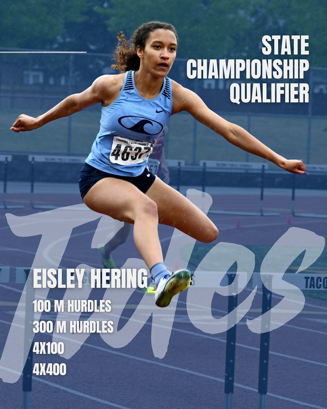 The Tides Hurdle and Sprint Crew takes to the track this Thursday:
Thursday, May 29th
2:35pm: Girls 100m Hurdle Prelims: Eisley Hering & Karin Heikkila
3:45pm: Girls 100m Prelims: Izzy Harruff
6:45pm: Girls 4x400m Prelims: Sofia Simmonds, Taylor Sletner, Eisley Hering, Lejla Carlsson (Bailey Schroeder & Nadia Scwab-alternates)
Friday, May 30th
1pm Girls 4x100 Prelim: Eisley Hering, Karin Heikkila, Aejanae Humphrey, Izzy Harruff
3:15pm 400m Prelims: Sofia Simmonds
4:15pm Girls 300m Hurdle Prelims: Karin Heikkila & Eisley Hering
6:00pm Girls 200m Prelim: Izzy Harrufff