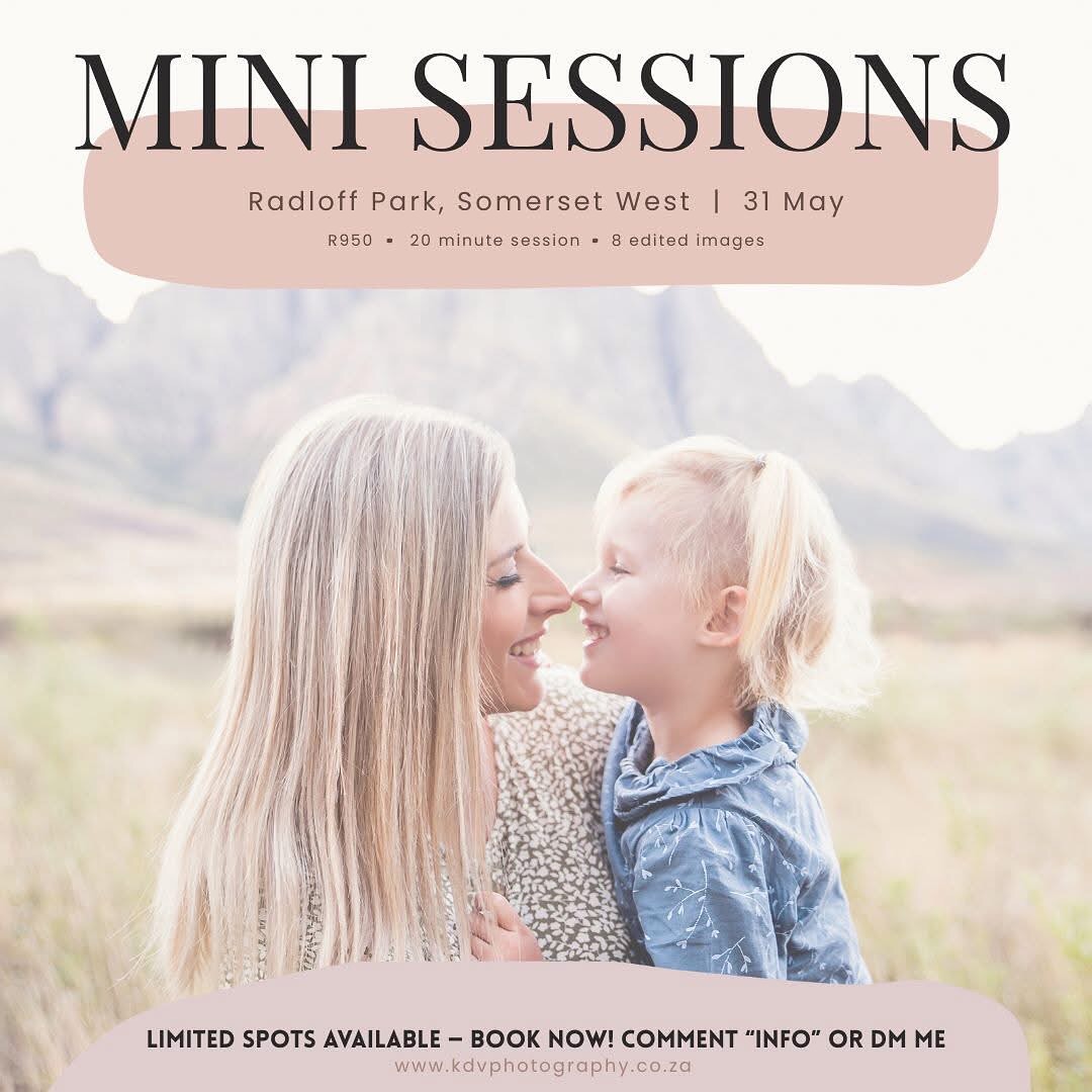 🍂 MINI PHOTO SESSIONS – RADLOFF PARK | 31 MAY 📷
Need updated family photos, sweet couple portraits, or precious moments with the kids? I’m offering a limited number of Mini Sessions in the beautiful Radloff Park, Somerset West — and they’re perfect for capturing real connection in a relaxed, natural setting.
✨ WHAT’S INCLUDED:
📸 20-minute session
🖼️ 8 professionally edited digital images
💸 Only R950
📍 Radloff Park, Somerset West
📅 Saturday, 31 May
Great for:
👨👩👧 Families
💑 Couples
💞 Moms + kids
🐶 Fur babies welcome too!
➡️ Only 6 spots available – once they’re gone, they’re gone!
📩 Comment “INFO” below or message me directly to grab your slot 💬
Let’s make magic in the soft autumn light! 🍁
#photographyspecials #familyphotos #helderbergphotographer #minisessions #somersetwestphotographer #lifestylephotographer