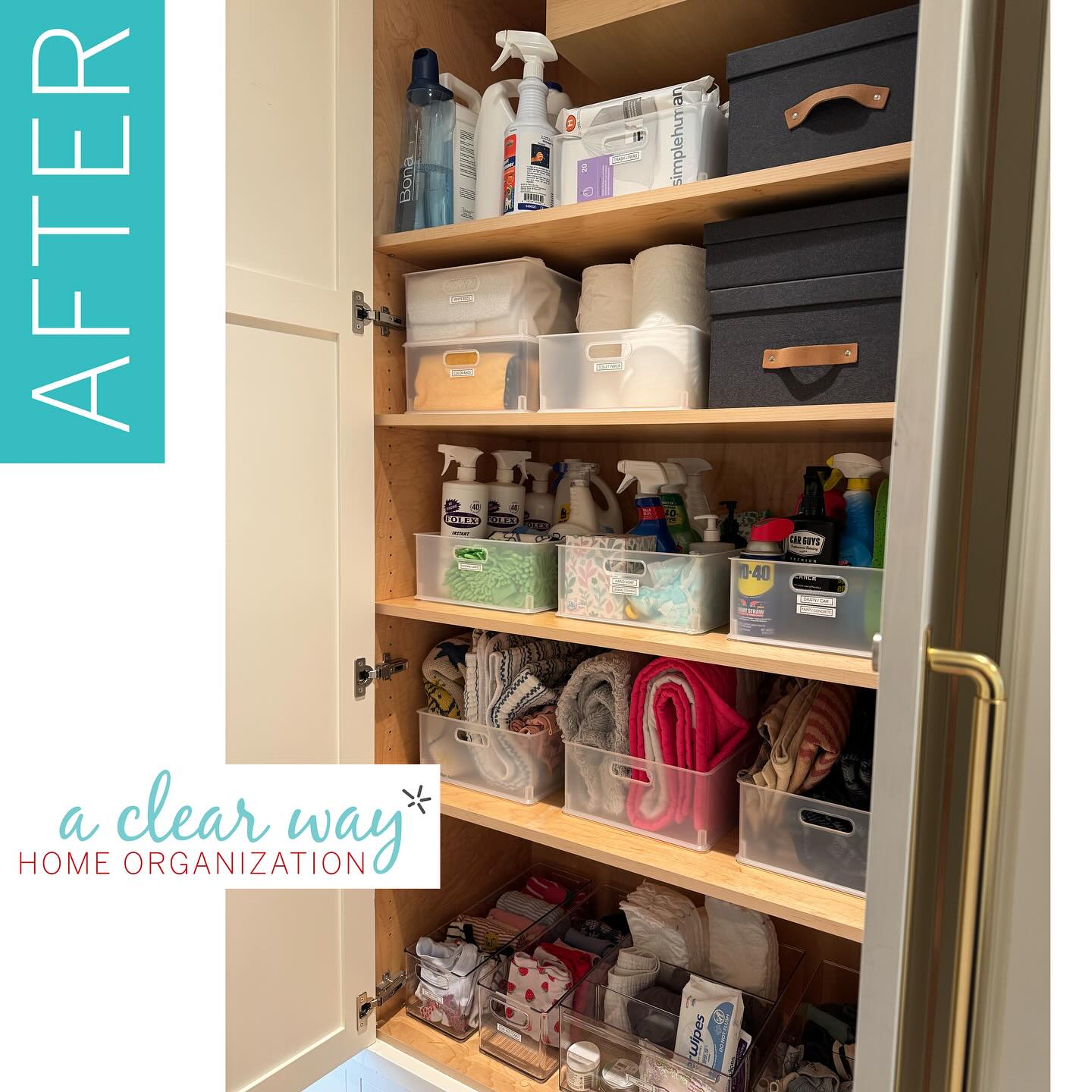 Mixed-use closet gets a glorious makeover! When one area needs to serve many functions, clear delineations and labels can save your sanity. Cleaning product storage, linens and kid command center all in one place? Sure! Busy parents and nannies are all super happy now!