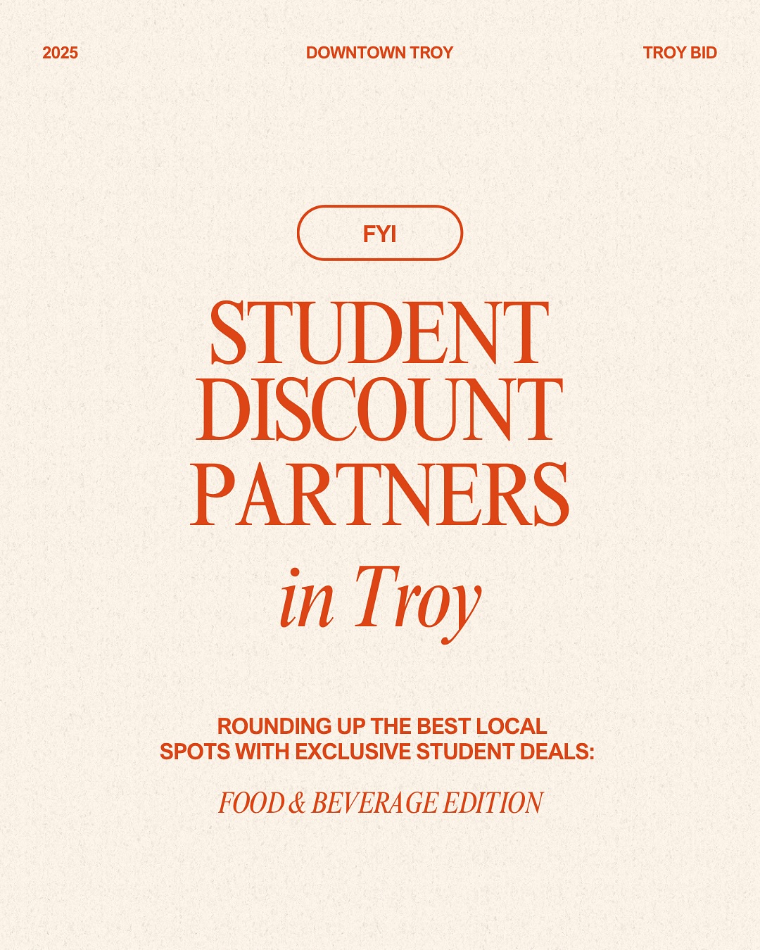 Looking for the best restaurants, cafes, and bars that offer exclusive student discounts in downtown Troy? Save this post and follow us for more tips!