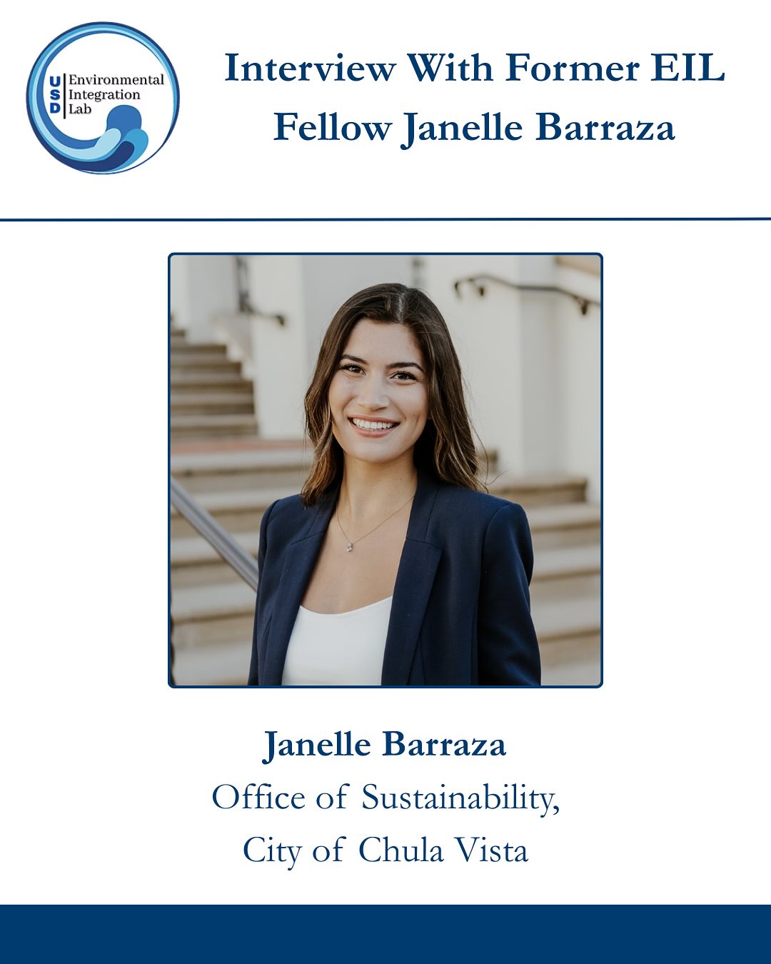 Janelle works for the City of Chula Vista in the Office of Sustainability. Her main role is focused on implementing the building energy saving ordinance, which aims to lower greenhouse gas emissions, improve air quality, lower energy bills for large buildings in the City of Chula Vista. The ordinance tracks energy use data and helps building owners stay on track of energy efficiency targets. Additionally, in the past two years since beginning her role, she has increased compliance by 127% and raised the city from a bronze level to a platinum level in the SANDAG Diamond Awards program for promoting sustainable transportation projects.