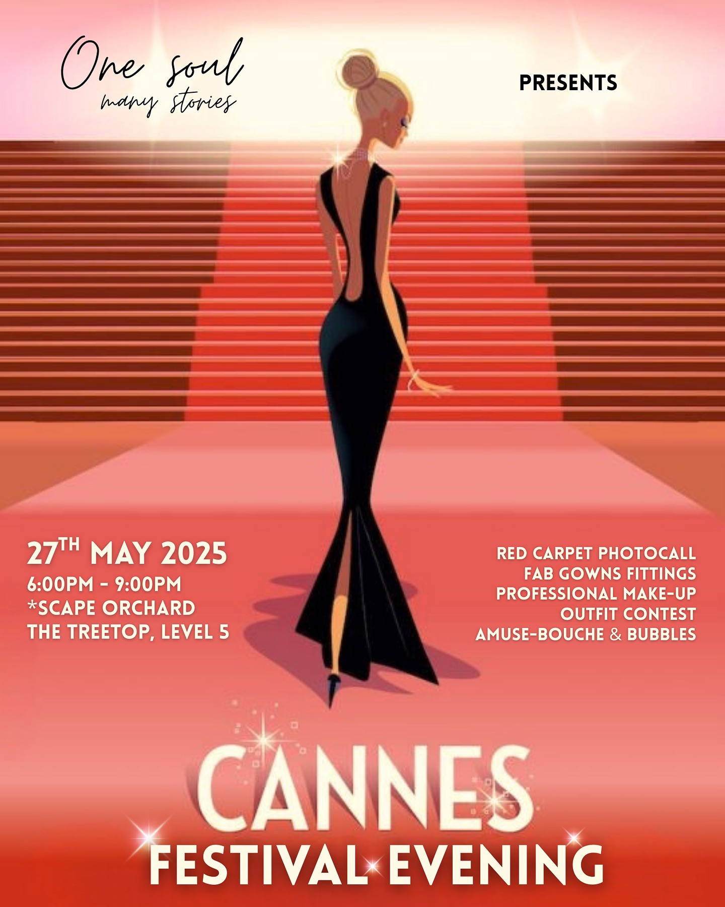 🌟 Step into the Spotlight! 🌟
Join us for a Cannes Festival–inspired night of pure glamour ✨
🎬 Walk the red carpet like a star
🥂 Sip on a free glass of bubbles
🍢 Try delicious amuse bouche from @auntie_frenchy
📸 Strike a pose at our exclusive photocall with professional photographer Alexandria Neoh @picspirationsphotography
💄 Enjoy glam outfit fittings and pro makeup by @eva_patel_makeup
🎶 Groove to live beats by DJ @llink79
🏆 Style Challenge! Join our « Best Outfit » contest for a chance to win a 100 SGD, 75 SGD or 50 SGD gift voucher #RedCarpetOSMS
Let’s get GLAM 💫
Don’t miss this unforgettable, get your invitation now! (Link in bio)
🗓️ 27th May 2025, 6pm - 9pm
📍*SCAPE (Level 5), The Treetop, Orchard Link
#CannesVibes #RedCarpetReady #GlamNightOut
#onesoulmanystories #letsgetglam
