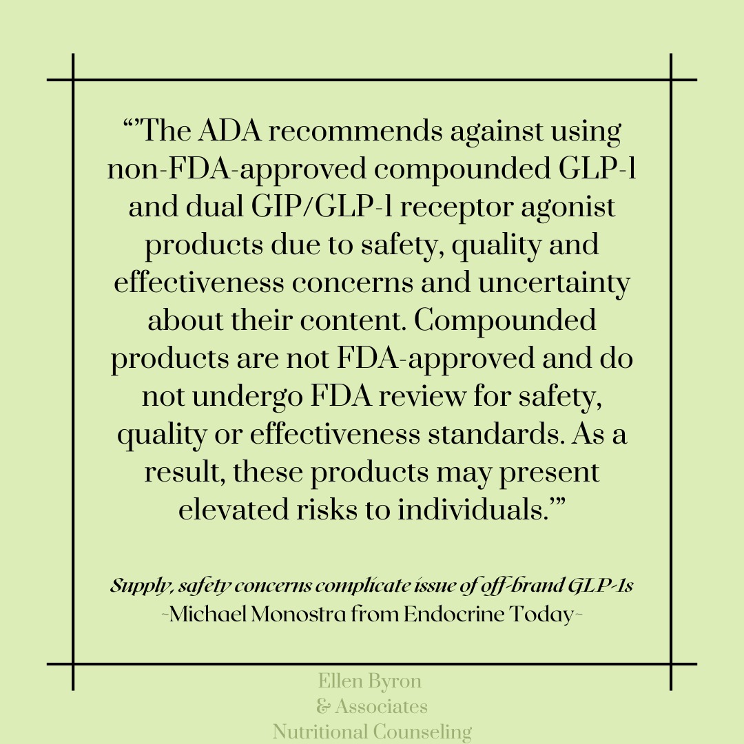 New on the Blog!
The FDA has removed Tirzepatide and Semaglutide from the drug shortage list which means Compounding pharmacies can no longer make "off-brand" drugs that are generally cheaper than the name brand.
Unfortunately this may lead to more use of counterfeit drugs that are on the rise using online pharmacies and telemedicine.
The FDA warns that compounded drugs do not follow the same rigorous process as FDA approved drugs and the counterfeit drugs are not regulated or tested at all. Patient safety is a major concern.
Check out the blog for more!
-
#dietitiansofinstagram #nutritionblog