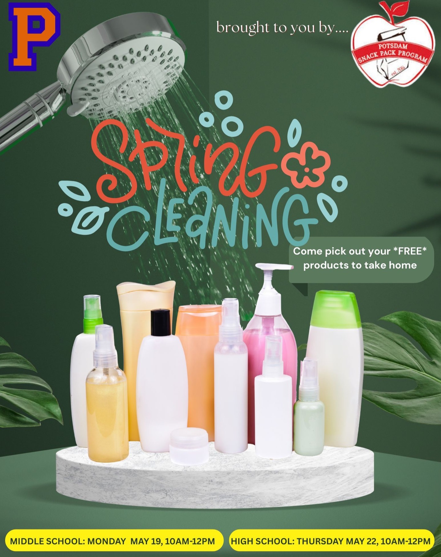 A new event by the Potsdam Snack Pack Program happens this week! Hygiene products can be expensive! so we've been collecting them for students to pick out and take home. Students: stop by and see us and take home a bag of products! #springcleaning #middleschool #highschool #backpack #snackpack #hygiene #toiletries