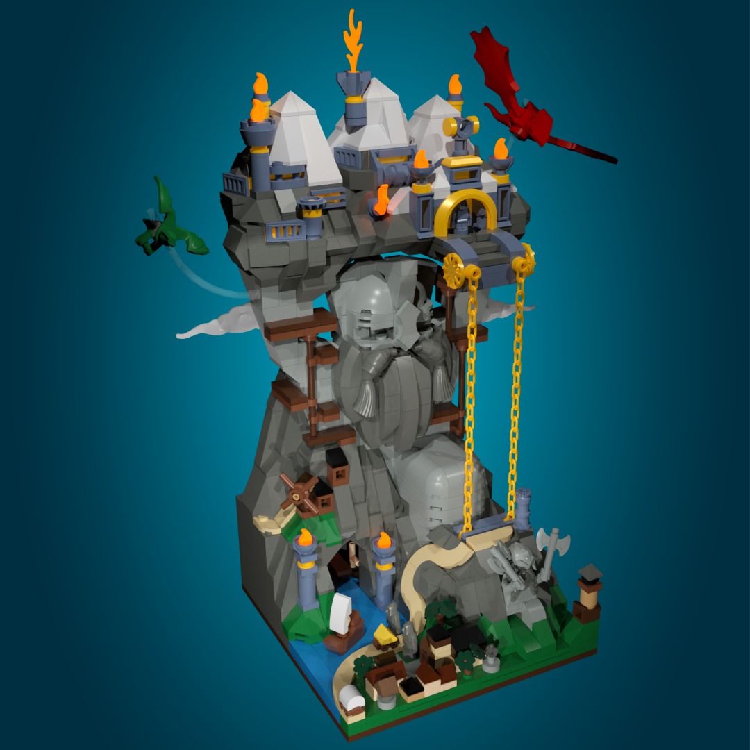 Designing a vignette challenges builders to work with a limited amount of space. For this challenge, I needed to build a 12-stud-wide vignette. Normally, vignettes revolve around a minifigure and a small scene based around them. They are known for their detailing and cozy feeling. However, the only restriction in this challenge was its size, so I wanted to see if I could create a vignette that portrayed something large and epic.
Since the challenge was limited only in surface area, not in height, I decided to create a scene that would make the most of the available vertical space. When working at microscale, the tallest elements are usually buildings or mountains. The problem with mountains is that the slopes cannot be too steep. I realized I could create the illusion of a larger mountain by displaying only its top and carving out the bottom to form a statue. From the top, you can imagine the size of the original mountain without having to depict the whole thing. However, I still wanted to add more visual interest, so I decided to build a city on top of the existing mountaintop.
To help sell the idea of the scene, I added scaffolding. This served two purposes: it suggested that the statue is still part of the mountain because it is unfinished, and it helped convey the scale of the scene. Since people need a point of reference to understand scale, the addition of a small village and ship at the bottom was crucial.