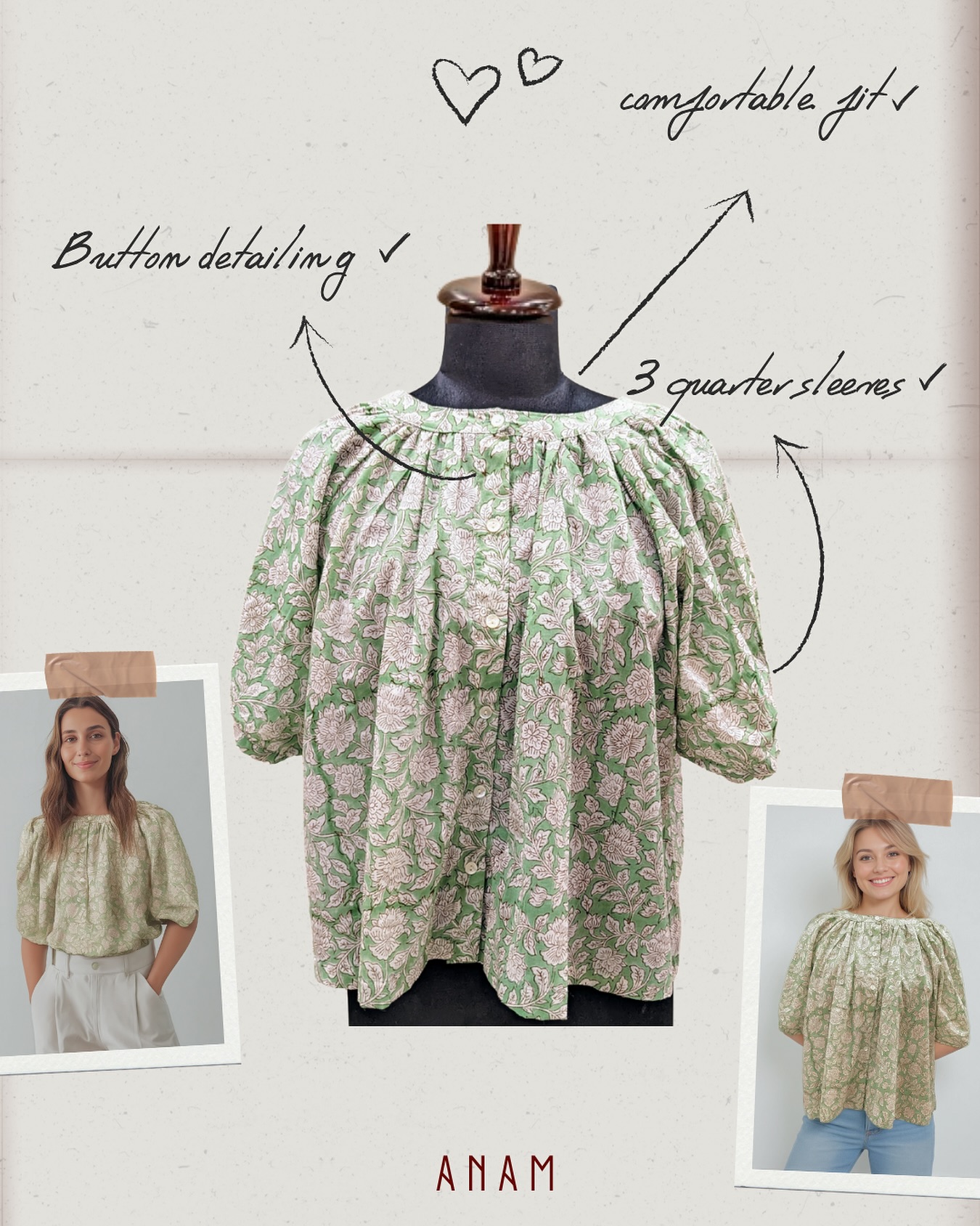 Float through summer like a poem in cotton ✨
The Breezy Block Balloon Blouse is here to do what air-conditioning can’t — keep you cool and cute 😌☀️
With puffed-up sleeves, hand-block dreams, and buttons that whisper “effortless,” this one’s made for slow sips, soft laughs, and sunny brunches.
Wear it when the heat’s high and the plans are chill 🌼🍹
Link to shop in bio 🔗
Shop now to avail 30% inaugural off 🛒🏷️
(ANAM, cotton tops, cotton blouses, summers, women clothing, summer styles, cotton dresses, cotton, 100% cotton)