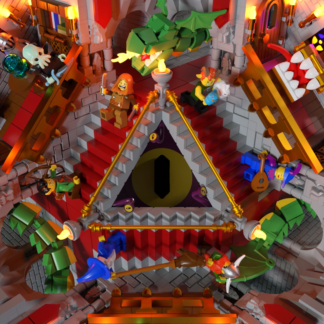 This infinite staircase won the LEGO Summer Joust contest, which challenged builders to create something based on stairs. When I think about stairs, I often think of the optical illusions created by Maurits Cornelis Escher. I was obsessed with his drawings in primary school and always tried to make my own.
My first idea was to create something based on his "Endless Stairs at Tate Modern", which only works when viewed from a specific angle. But I quickly realized I could combine the concepts from "Relativity" and his endless stairs to create a version that is actually buildable in the real world. "Relativity" plays with the idea that, on a staircase, it can be unclear which direction is up. Minifigures could be placed in positions that gravity would normally not allow by attaching them with studs, making the direction of the stairs feel ambiguous.
Since the Summer Joust has a medieval theme and I am a huge Dungeons and Dragons fan, I decided to base the scene around a group of adventurers encountering the most iconic Dungeons and Dragons monsters. The Beholder watches from behind the stairs. A dragon is chasing the party. A mind flayer prepares to strike from a balcony. And a mimic treasure chest is ready to fool the adventurers when they finally think they are safe.