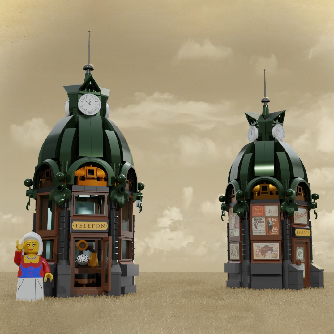 If you have spent enough time exploring Copenhagen, you might have been lucky enough to stumble upon one of the old phone kiosks. Seeing one of these historical marvels in the wild is becoming increasingly rare, as more and more are removed from their original locations over time. So, I invite you to take a step back in time with me and celebrate the charm of this beautiful piece of Danish history.
In 1896, when the first kiosks were built, it was uncommon to own a phone. Therefore, being able to make a call was quite a luxury. Every kiosk was operated by a woman who not only managed the telephone but also sold items such as newspapers, and theatre tickets and received urgent messages to be delivered by bicycle messengers.
The first kiosks were designed by architect Fritz Koch and were shaped like hexagons. After Koch's passing, new, larger designs were created by Martin Jensen in 1913 in the shape of an octagon. I decided to make a LEGO set based on Koch's designs because more were made in this style, and I prefer the smaller and unique shape. Koch's design featured a triangular flèche with a clock on every side, resting on a copper roof adorned with cast iron ornaments displaying two astrological signs on each side. Unfortunately, the scale of this cast iron detailing is too small for me to recreate with LEGO bricks. I'm therefore curious to see if the LEGO designers can manage to include this detail if they were to make this a real LEGO set. This iconic structure was supported by a granite base and pinewood window frames, resembling elements from Danish architecture around the year 1900.
This set includes:
The original phone kiosk in LEGO form, based on Koch's iconic design.
One candlestick telephone, a type of phone common at the time the kiosks were built. In reality, these kiosks contained two phones, but I could not find a way to include another in this design.
Stickers based on advertisements from the 1930s, as during this time, most kiosks were plastered with them. I replicated stickers from some of the kiosks that still stand, featuring businesses that no longer exist. If this set were to become a real LEGO set, it would be the perfect occasion for