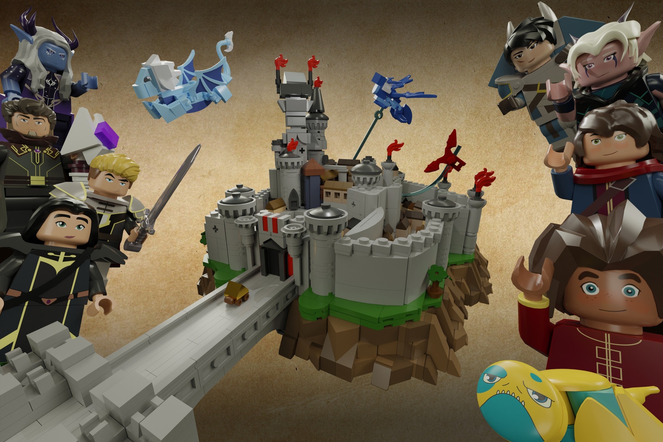 Welcome to the human kingdom of Katolis, with its magnificent castle, filled with adventure, magic, and jelly tarts! It is where the epic tale of Ezran, Callum, Rayla, and their friends begins, which makes it a perfect first Lego set based on the Dragon Prince TV show! Because most major players in the story have visited the location at some point during the show their minifigures can be included, without spoiling too much of the story, which is definitely worth watching unspoiled!
The castle is massive, so I decided to build it as small as possible, this way I could build the whole castle without surpassing the Lego Ideas 3000-piece limit! This should create a more engaging building experience because every piece is deliberately chosen, but more importantly, it makes it more affordable to purchase! And the size difference allows us to imagine that the characters got turned into giants by some magic gone awry! My goal was to faithfully recreate the layout of the castle using any screenshot I could make watching the show and early concept art to fill in the blanks!
The set includes:
The Castle in all its shrunken glory.
The group of young adventurers Ezran, Callum, and Rayla.
Bait, Ezrans pet
The High mage of Katolis Viren and his two children Soren and Claudia.
Zym the dragon from the moment he "visited" Katolis.
The Dragons Zubeia and Pyrrah at microscale from the “visit” (Season 4).