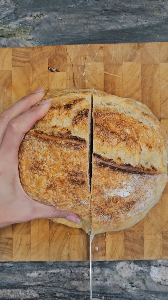 Firstly, I incorporated an autolyse, which is combining 300g water with 500g white flour first, for a period of rest, about 1 hour, before adding my 50g starter and 10g salt and continuing on my stretch and folds. I added only 50g of starter as I was going for a slow bulk ferment. I knew I started too late in the day to get it in the fridge before going to bed, so they were left out overnight. Earlier yesterday morning, I pre-shaped, then a 30-minute bench rest (which I've never incorporated before) before finally shaping and getting them into their banetton baskets and into the fridge. 24 hours later, into the oven, 20 mins lid on at 230°C, 20 mins lid off at 220°C and done. I usually don't autolyse or bench rest, but I'm glad I added these extra steps, because these loaves (and yesterday's loaves incorporating the same steps) were my best yet.
.
.
.
#sourdough #homemadesourdough #homemadebread #sourdoughloaves #lookwhatimade #farmliving #farmlife #farming
#mindfulliving #simplepleasures #cottagegarden #camdennsw #farmgirl #farmtotable #gorgeousfarm #beautifulfarmhouse