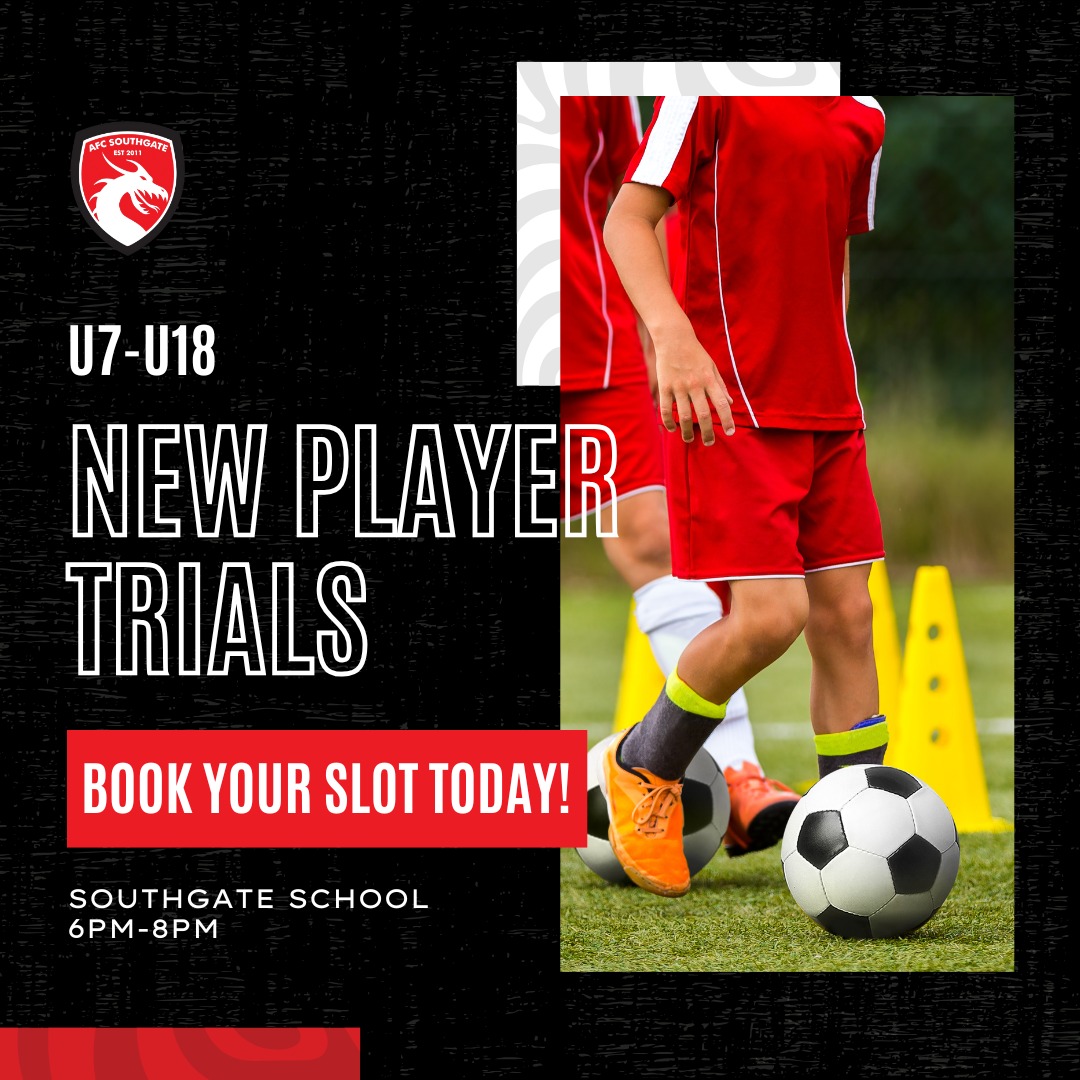 🚨 New Player Trials – Almost Here! 🚨
The countdown to our 2025/26 season trials is ticking down! ⏳
This is your chance to join a competitive, supportive team and take your game to the next level. Whether you're a seasoned player or ready to step up, we want to see what you've got! ⚽
📅 Tuesday 3rd June
🕕 6–8 PM
📍 Southgate School
Don’t miss out on your opportunity to be part of AFC Southgate! Spots are filling up fast, so make sure to secure your place now. 🙌
#afcsouthgate #northlondonfootball #footballtrials #2025trials #2025season #kidsfootball #futurestars