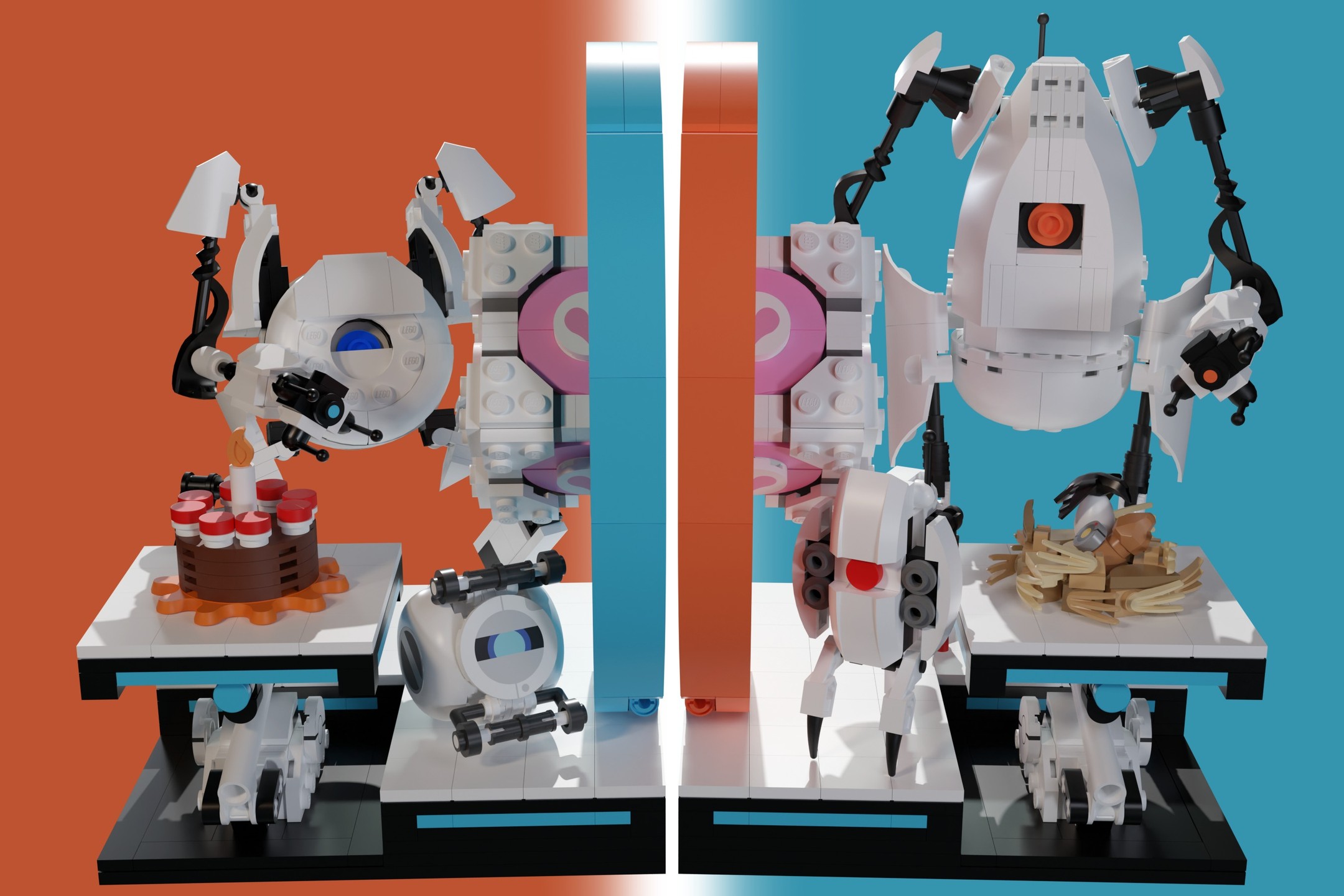 Portal 2 was my favorite game growing up, so I’ve always had the desire to build a LEGO set based on it. However, almost all characters and objects have already been designed by someone else, so I wanted to come up with something more unique. In the game, portals can be created that link two surfaces together over a distance. When I realized I could make a LEGO set based on this concept instead of a character or location, many more possibilities became available. My favorite idea was to create bookends that showcase the core mechanic of the game by transporting one of its most recognizable items, the companion cube. What really sold me on the idea is that it not only works as a functional bookend, but it can also be placed in different locations. People familiar with the game will naturally start looking for the other portal when they find the first.
The size of the build was limited by the dimensions of small books and the Technic construction needed to support the book and hold up the portal. This meant I had to get extra creative when designing the characters, which have very organic shapes. The most important element was the serpent staff (element 98134) because it accomplishes several goals at once. The open stud allows for a strong connection with the elbow by providing both a stud connection and a bar connection on the inside, at the most vulnerable part of the build. The characters are known for having many complex technical parts. The serpent staff also adds wires that help convey the idea that these characters are intricate machines.
In addition to the two playable characters, the main antagonist of the game (Wheatley) and the most common enemy (a sentry turret) are also represented. Another iconic part of the game is the panels that make up the walls and floors of most rooms. These are controlled by a mechanical arm, which I tried to recreate. The bird nest with Potato GLaDOS and the birthday cake are subtle references that only fans of the game will recognize.