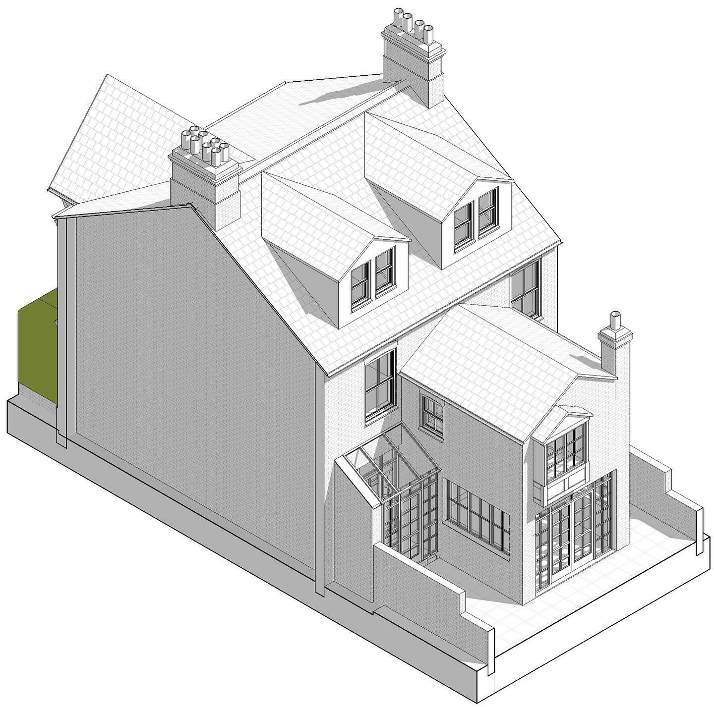 This modern extension has just been submitted for planning. Timber framed windows play a prominent role in the design, unifying the modern extension with the original design of the house.