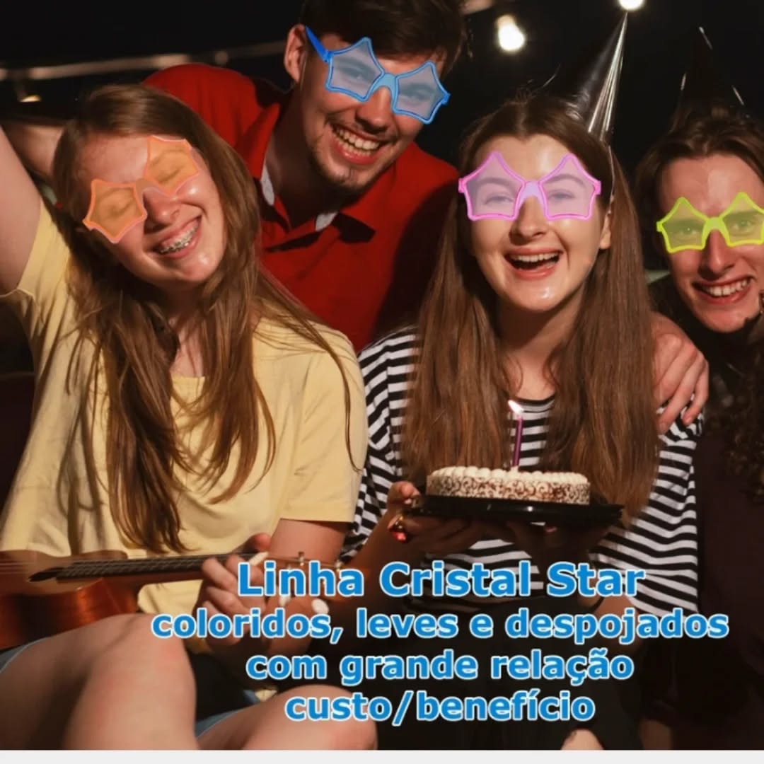Imagine a cena: sua festa bombando, todos os convidados com um toque de cor e brilho nos olhos, contagiando a atmosfera com alegria! Com a linha Cristal Colors Stars, essa visão se torna realidade. São 5 cores vibrantes prontas para animar aniversários, casamentos, bodas, baladas, eventos corporativos, Réveillon e encontros entre amigos.
.
E para elevar a diversão a outro nível, que tal óculos com frases personalizadas? Nossos kits oferecem opções com frases divertidas e atuais (já prontas para colar e distribuir) ou a possibilidade de você criar suas próprias mensagens com o kit "Sua Frase". Consulte e solte a criatividade!
.
Leve agora o brilho e a alegria dos óculos Cristal Colors Star para sua festa e crie memórias inesquecíveis com seus convidados.
.
Produto de Fabricação Própria.