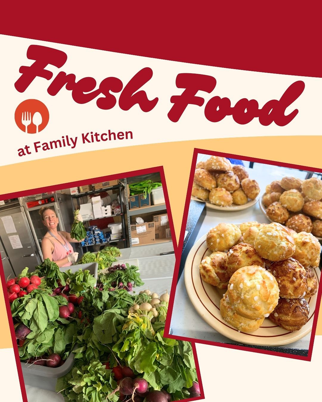 Fresh food is important to us at Family Kitchen because it’s essential to our mission: serving nutritious meals. When you dine with us, you can trust that we’re always sourcing high-quality ingredients, shopping local whenever possible, and frequently receiving generous donations of produce, pastries, and more from local businesses like Newport Avenue Market and Sparrow. We’re so grateful to be part of a community that makes this possible, and it’s a joy to use these ingredients to bring our delicious, nutritious meals to life!