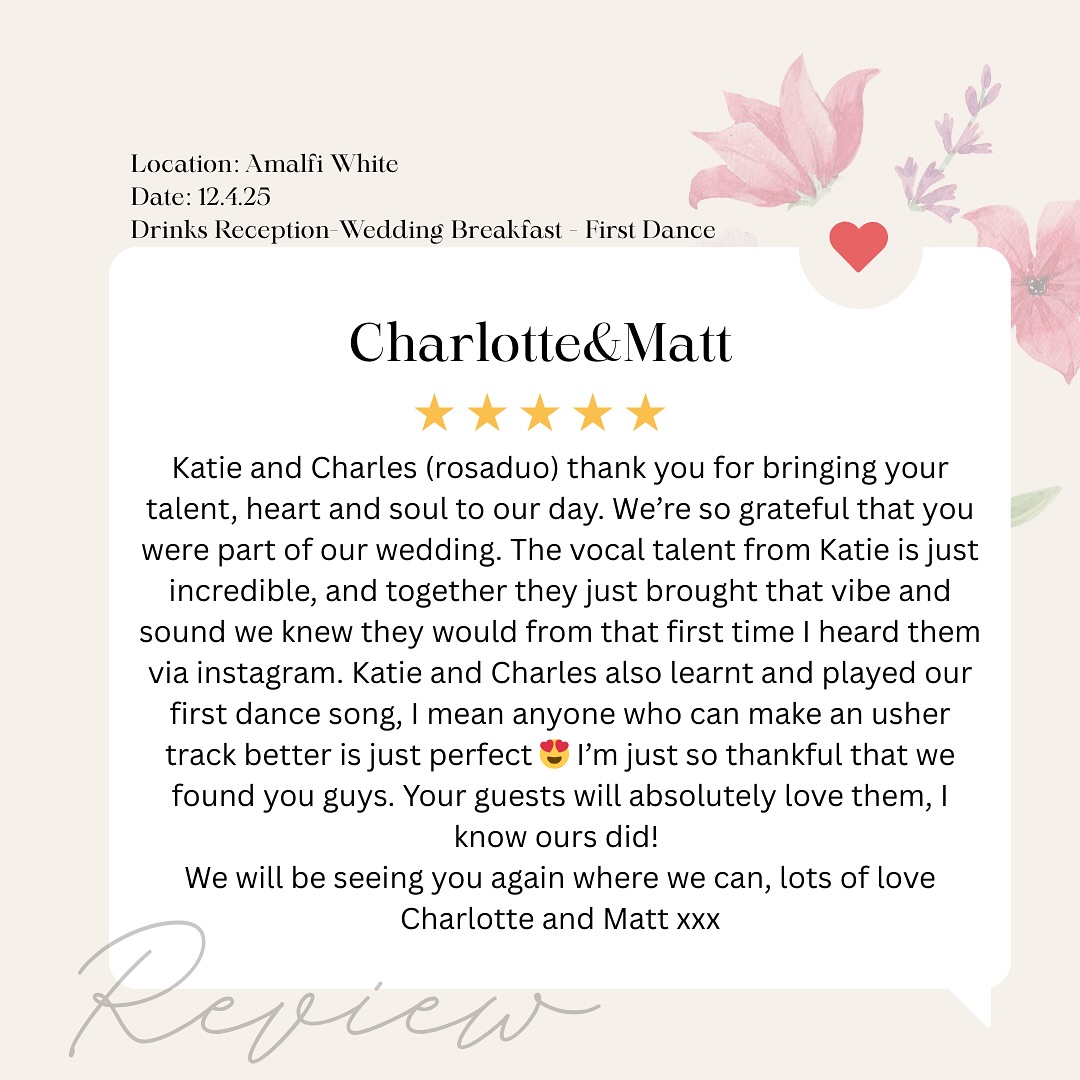 ✨Feeling the love!✨
We’re so grateful to have received this lovely review from a recent wedding we played at 🩷
We love playing our tunes, making people happy, and being a part of your special day 💒
Thank you @c_hollie_p
#WeddingMusic #AcousticDuo
