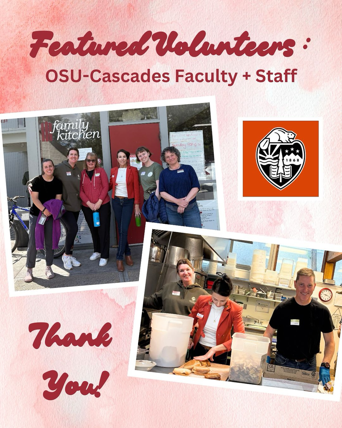 We want to give a big thank you to volunteers from OSU-Cascades for coming out to support Family Kitchen during their Day of Service. We were able to spend time with members of the Chief of Staff, Facilities, and College of Business teams as they helped us prepare meals for our neighbors. Thank you, @osucascades! ❤️