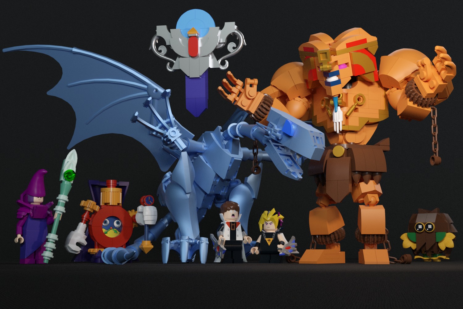 Yu-Gi-Oh! is a franchise that is popular both for its card game and the anime based on that card game. I wanted to recreate the most iconic cards from the anime at a minifigure scale.
The cards I chose were:
The Blue-Eyes White Dragon, the strongest character in the original game, owned by the show's antagonist, Kaiba.
Exodia the Forbidden One, a monster consisting of five cards that instantly wins the game when assembled.
The Dark Magician, the most treasured card of the main character, Yugi.
Time Wizard, a card infamous for the chaos it causes, as it decides the outcome of games with a coin flip.
Kuriboh, a card introduced as the weakest in the game but extremely powerful due to its synergy with other cards.
Monster Reborn, a seemingly simple spell card that can easily turn the tide of a game.
A major challenge in this project was the fact that all of these monsters appear with different designs in the TV show and the card game. I had to identify the most iconic elements across all versions and build around those features.
I always aim to build with as few printed elements as possible, which proved to be a significant challenge when designing the face of Exodia, as it is comically small. I chose to enlarge the face and shrink the nemes to allow the face to be built, but in the next iteration, I would consider the possibility of using a printed element.