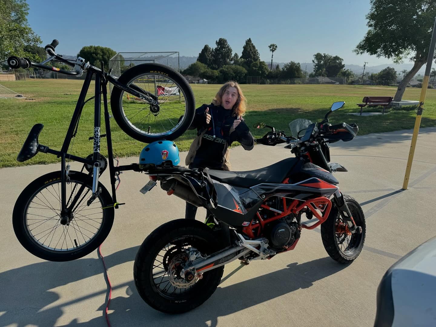 @tuckersmith_bmx showing up to the school in style this morning. Then he rocked the crowd, leaving them with impressions they never will forget. #schoolassemblies #bmxshows #bmxproductionsllc #bmxproductions #motorcycle