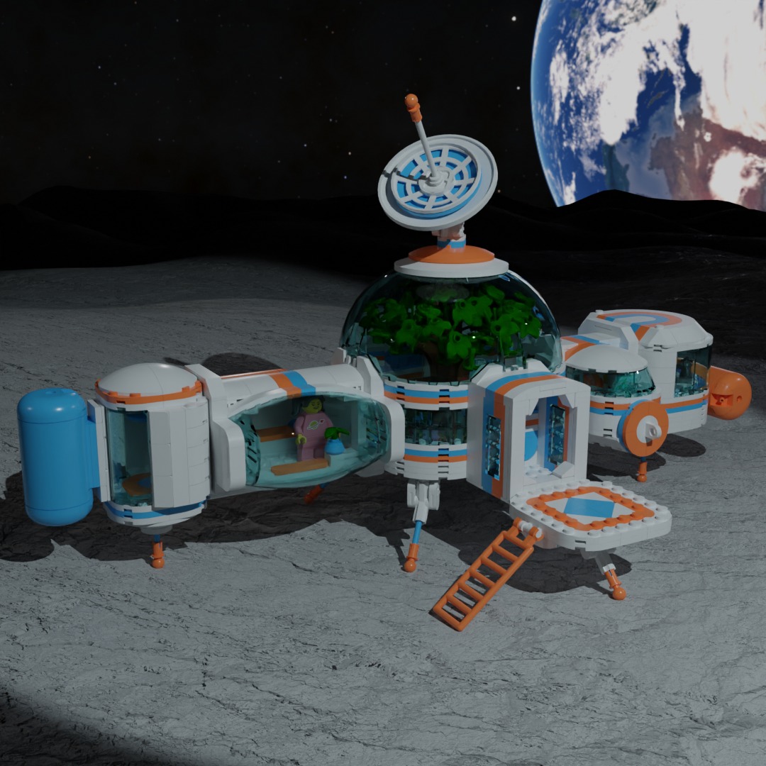 A contest challenged builders to design a space base. I imagined a future where the average person could live in space. In that future, homes would need to be easy to assemble, since working in space is not ideal. They would also need to be modular, so people could easily add on to them as their needs changed. I was inspired by hamster homes when designing this vision. The central part of the base includes a landing platform and a natural area, both to provide oxygen and to help people feel less like they’re locked inside a cage.