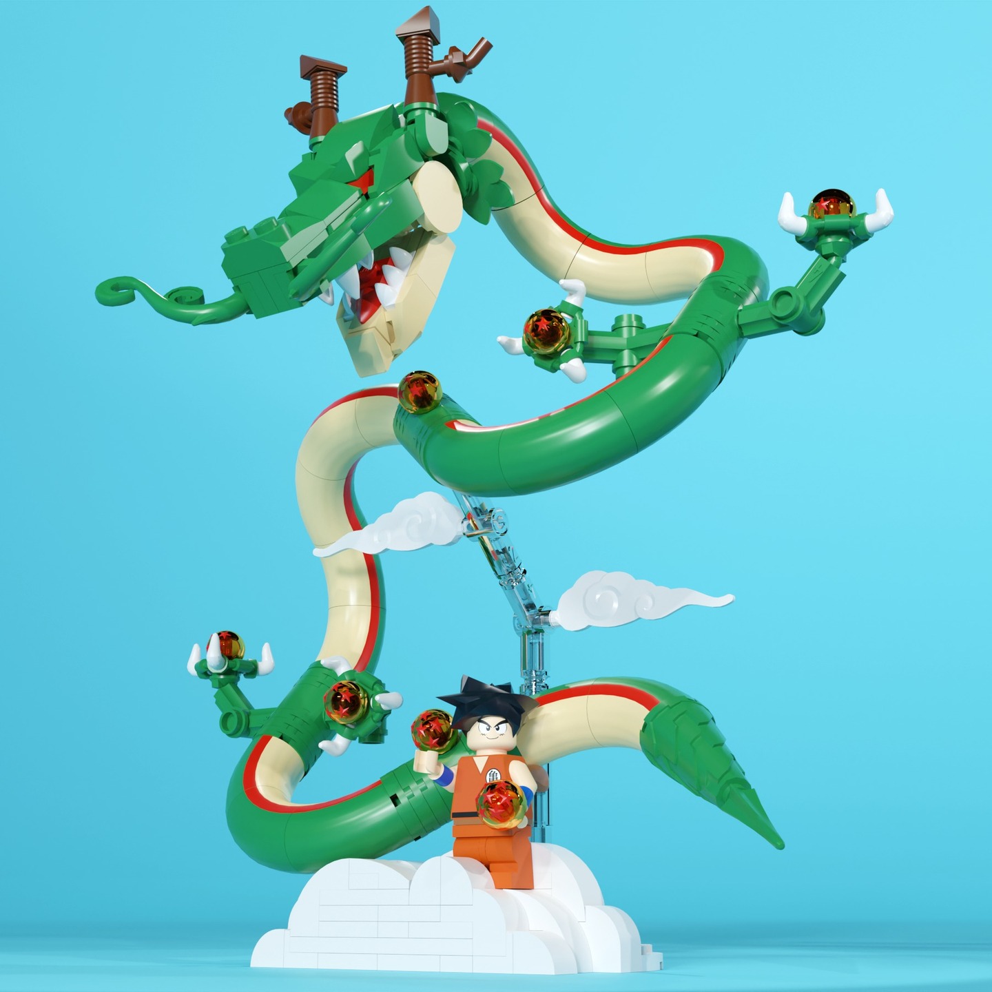 I had the goal of designing a LEGO set based on Dragon Ball Z. Because this is a popular anime, I decided to look at what other popular merchandise looked like. By far, the most popular products are collectible figurines of well-known characters, around 20 cm high, designed to be easily placed on shelves. With this knowledge, I decided that Shenron would be the ideal character to reproduce at this scale. This is not only because of how iconic the character is, but also because he is the easiest to represent at this size.
The main element that this set is designed around is what I like to call the “big macaroni brick” (element 65473). It is the only element that can neatly convey the curved body of the dragon. However, my goal when designing a LEGO set is to use no new elements and as few prints as possible. Shenron has a very recognizable color scheme that is mostly present on his body, so I had to find a way to include it while keeping prints to a minimum. I designed the set to use only two different types of prints on the macaroni pieces. The red line is positioned in a way that allows it to continue seamlessly when the pieces are connected. One piece has the green color on the outside of the curve, and the other has it on the side. I discovered that I could create the illusion of a twisting body without actually creating a piece that twists the position of the red line or one that has green on the inside of the curve.
To fill up the empty space and justify the necessary support structure, I added clouds to the scene. Considering Shenron usually appears high in the sky and Goku uses a cloud as transportation, I figured that the inclusion would be justifiable.