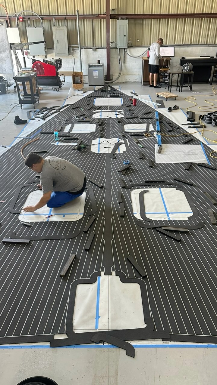 Wrapping up fabrication on SY Bambochip. Installation is scheduled for next week in Fort Lauderdale at Derecktor Shipyard. More updates to follow. #ebersoldboatworks #yachtlife #flexiteek #yachtdecking #yachtrefit #yachtdesign #teakdecking #superyachts