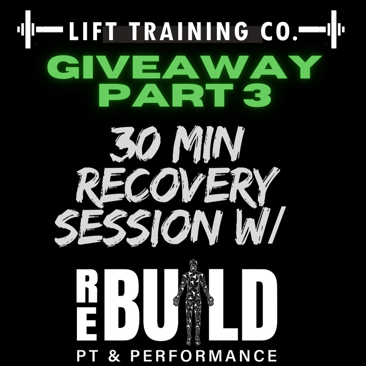GIVEAWAY PART 3🔥
•
We are continuing our Giveaway campaign here at LIFT training with another amazing package donated by the one and only Taylor Downie of Rebuild PT and Performance.
This will consist of:
- Quick overview of past history and life style
- Discussion on current presentation
- 30 minute session
- Provide hands on therapy which may include: massage, graston, cupping, manual stretching, joint mobility or dry needling
- Explanation of cause of symptoms and best way to manage going forward
All for the reasonable price of FREE!
You don’t want to miss out on this opportunity! To enter you must Like, Follow, and Tag 3 friends! We’ll see you May 30th💪🏻🔥