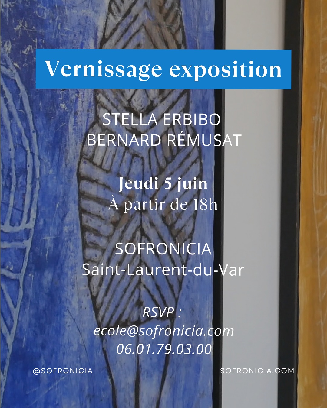 Vernissage SOFRONICI’ART 🖼️🎓✨
Nous avons le plaisir de vous convier au vernissage de l’exposition de Stella Erbibo et Bernard Rémusat, au sein de notre école de sophrologie à Saint-Laurent-du-Var, le jeudi 05 juin à partir de 18h !
Ces deux artistes vont habiller les murs de notre école par leurs créations qui mettent à l’honneur l’estampe. Nous avons hâte de vous dévoiler tout ça !
Cette exposition donnera aussi lieu à de futurs ateliers : Expériences immersives dans l’oeuvre des artistes, soirées « Art et Sophrologie » (rencontres et partages philosophiques)... Plein de beaux projets à venir.
Informations :
📅 Jeudi 05 juin
🕖 À partir de 18h
📍 École Sofronicia, 40 boulevard Jean Ossola, Saint-Laurent-du-Var
📝 Sur inscription
📧 ecole@sofronicia.com
📞 06 01 79 03 00 (Thalia Chauvet)
🖥️ www.sofronicia.com