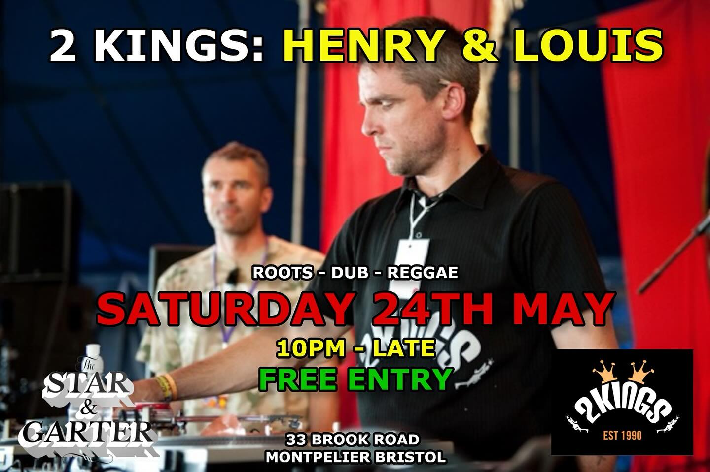 👑 SATURDAY 24TH MAY 10PM - LATE 👑
Next weekend we have a packed schedule of roots dub & reggae including welcoming back the legendary 2 Kings Records label.
2 Kings Records is a Bristol-based record label and sound system known for its roots, reggae, and dub music. It was founded in 1990 by Jack Lundie and Andy Scholes and originally published their work under the name Henry & Louis.
The label is also home to other artists like Prince Jammo, Pinch, RSD, and SickmanD
Catch them here Saturday 24th May for some serious selections from across the dub & roots scene.
#bristolevents #bristolmusic #bristoldub #bristolreggae #starandgarterbristol #2kings